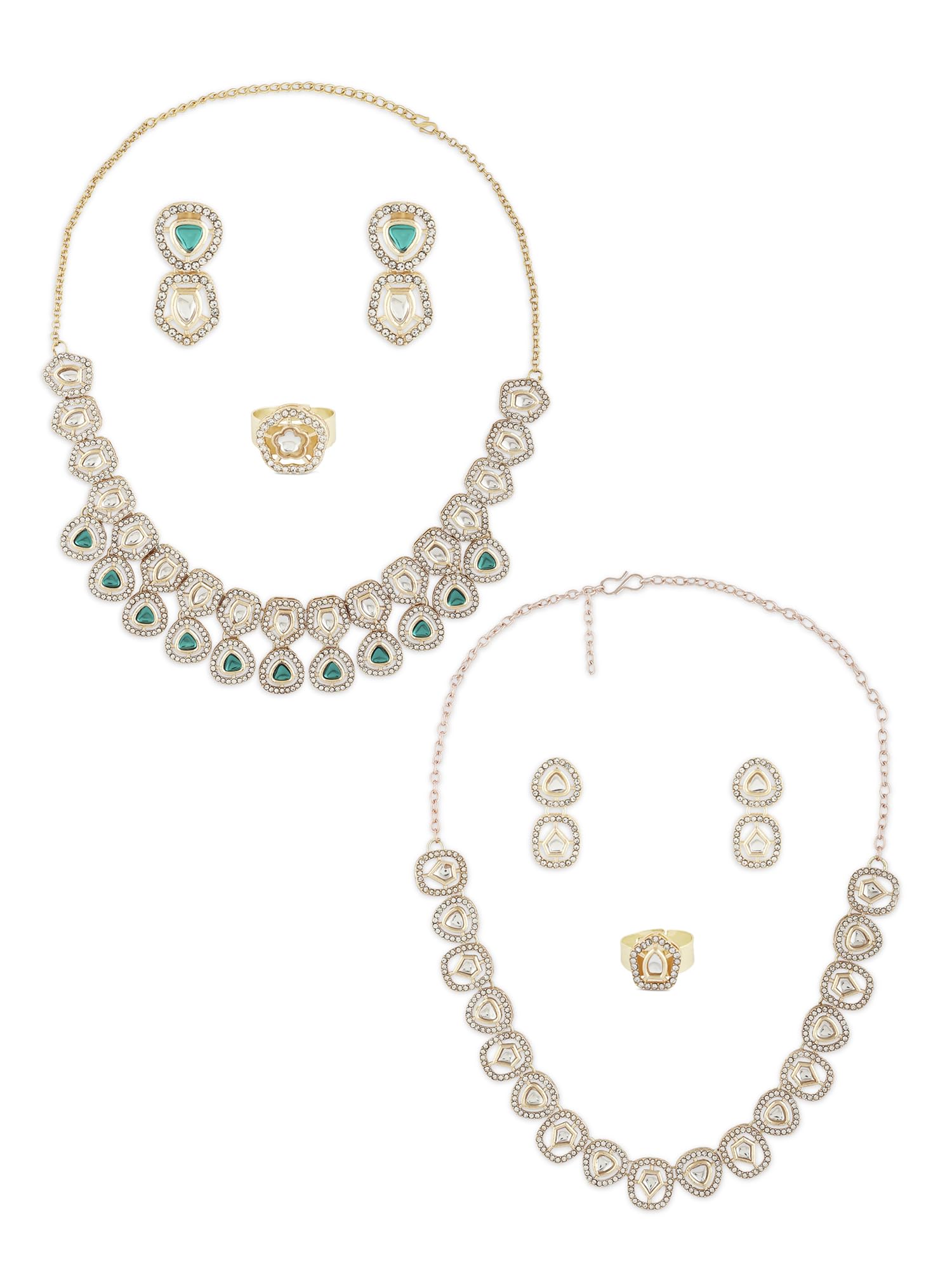 Zaveri Pearls Combo Of 2 Green Dazzling Stones Austrian Diamonds Necklaces Earrings & Rings Set For WomenZpfk21413