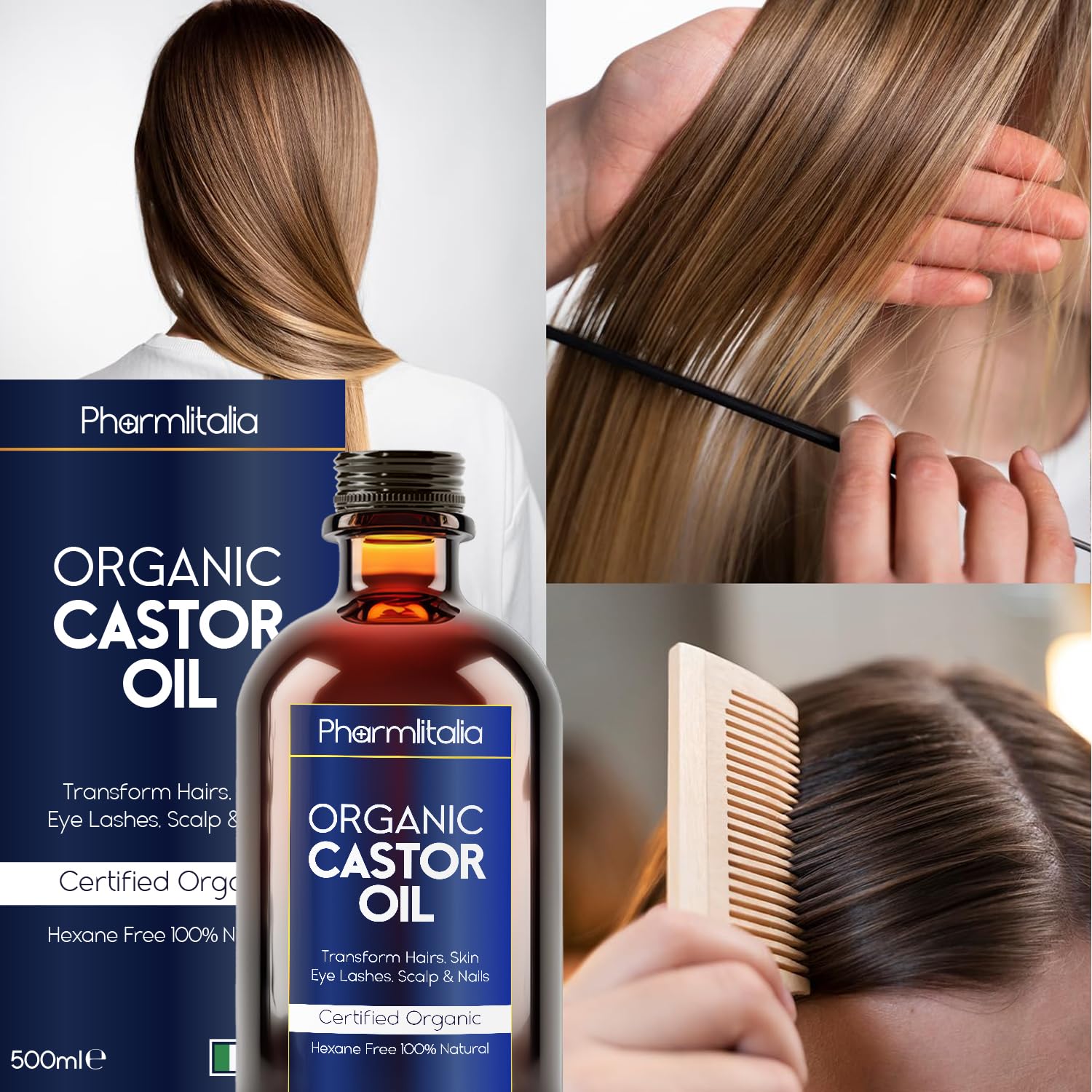 Pharmlitalia Pure Castor Oil Organic Cold Pressed Unrefined Glass Bottle - Hexane Free Golden Castor Oil For Face, Hairs, Eyelas