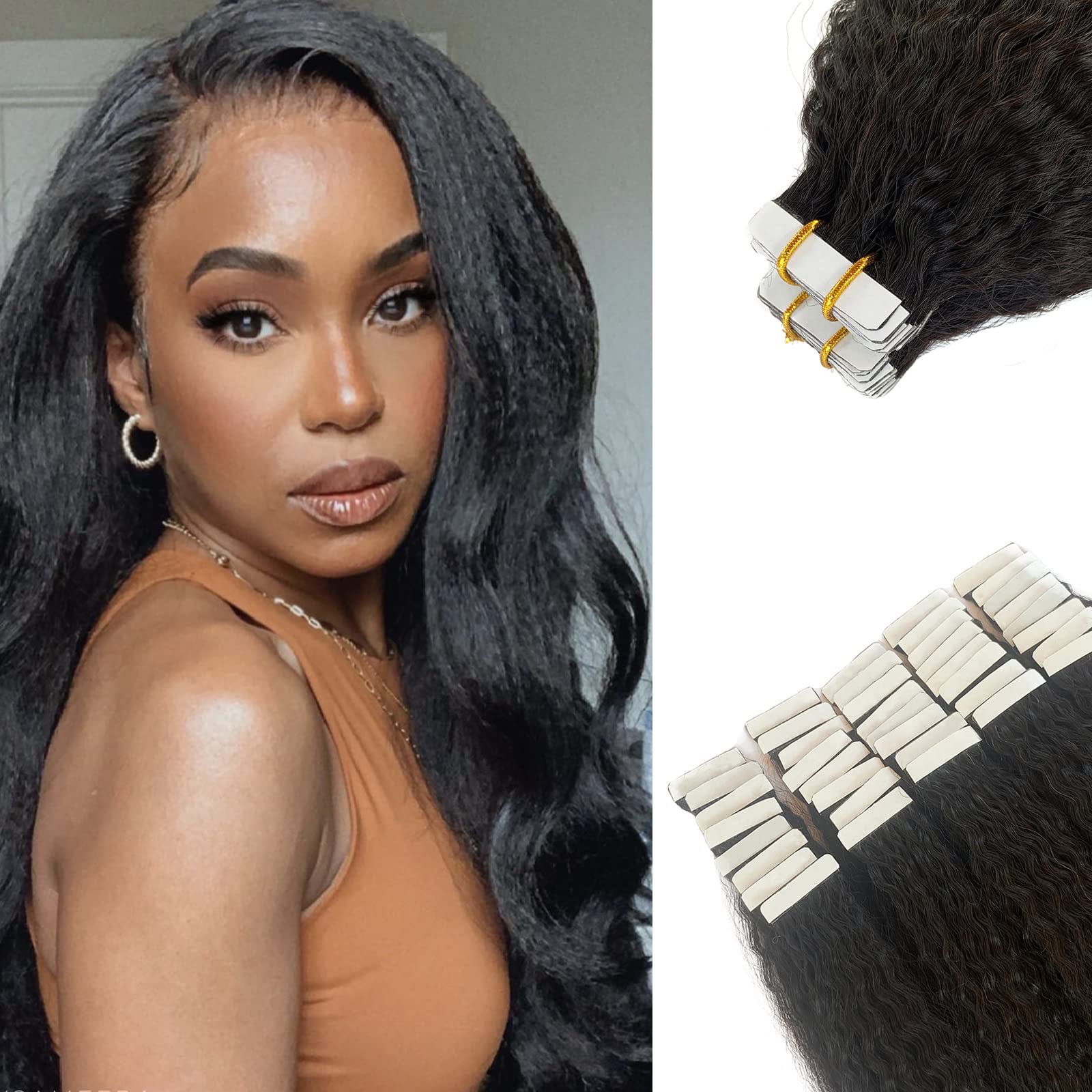 Black Tape In Extensions Human Hair Kinky Straight Tape In Extensions Natural Black 40 Pieces 100G Full Head Real Hair Extension