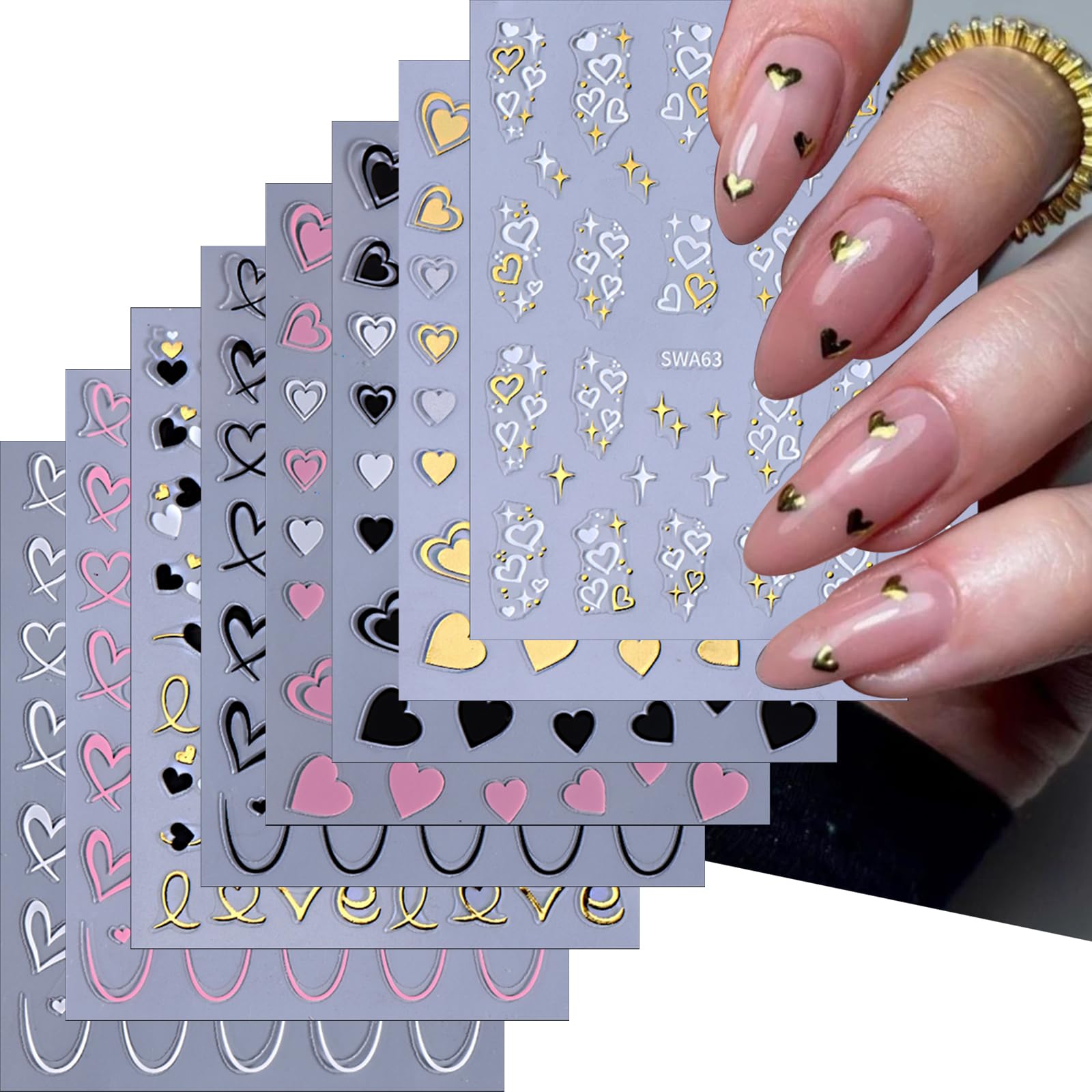 LBPEPAMZ 8Sheet Valentine's Day Nail Art Stickers gold white pink black heart Nail Stickers with Bling Gold Star Designs for Nai