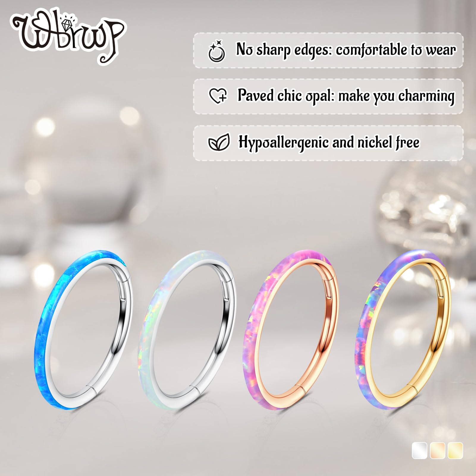 WBRWP Unisex Nose Ring Hoop with Purple Opal 20G(0.8mm) Diameter 8mm 316L Surgical Stainless Steel Hinged Jewelry Hinged Segment