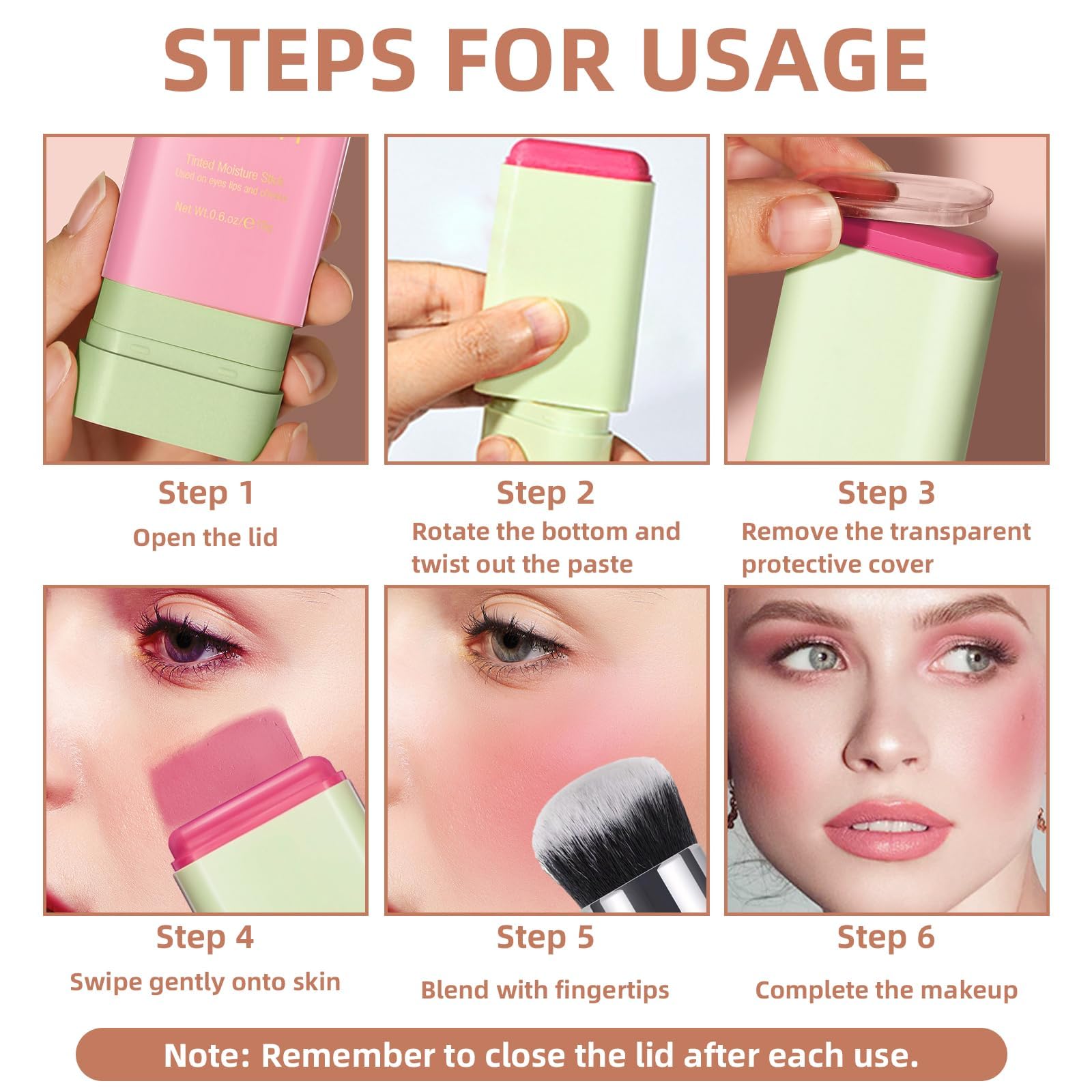 HOSAILY Cream Blush Stick for Cheeks, Multi-Use Makeup Blush Stick for Eyes Lips Face, Travel-Friendly Tinted Solid Moisturizer