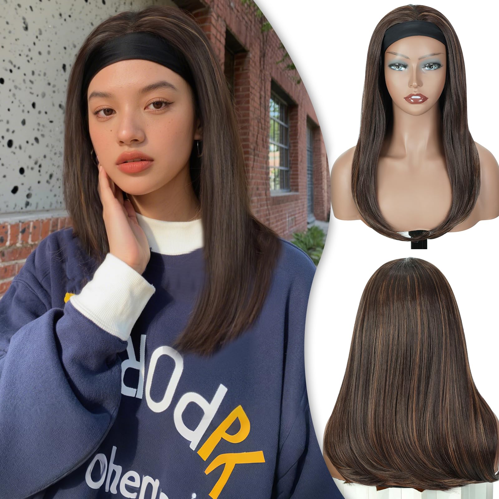 Creamily Long Brown Straight Headband Wig For Women Synthetic Glueless Heat Resistant Bob Wig Natutal Looking For Daily Party Us