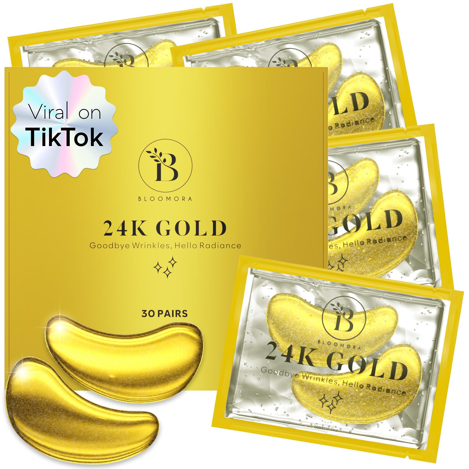 BLOOMORA 24K Gold Eye Mask (30 Pairs) Under Eye Patches for Dark Circles, Under Eye Patches for Puffy Eyes and Dark Circles, Und