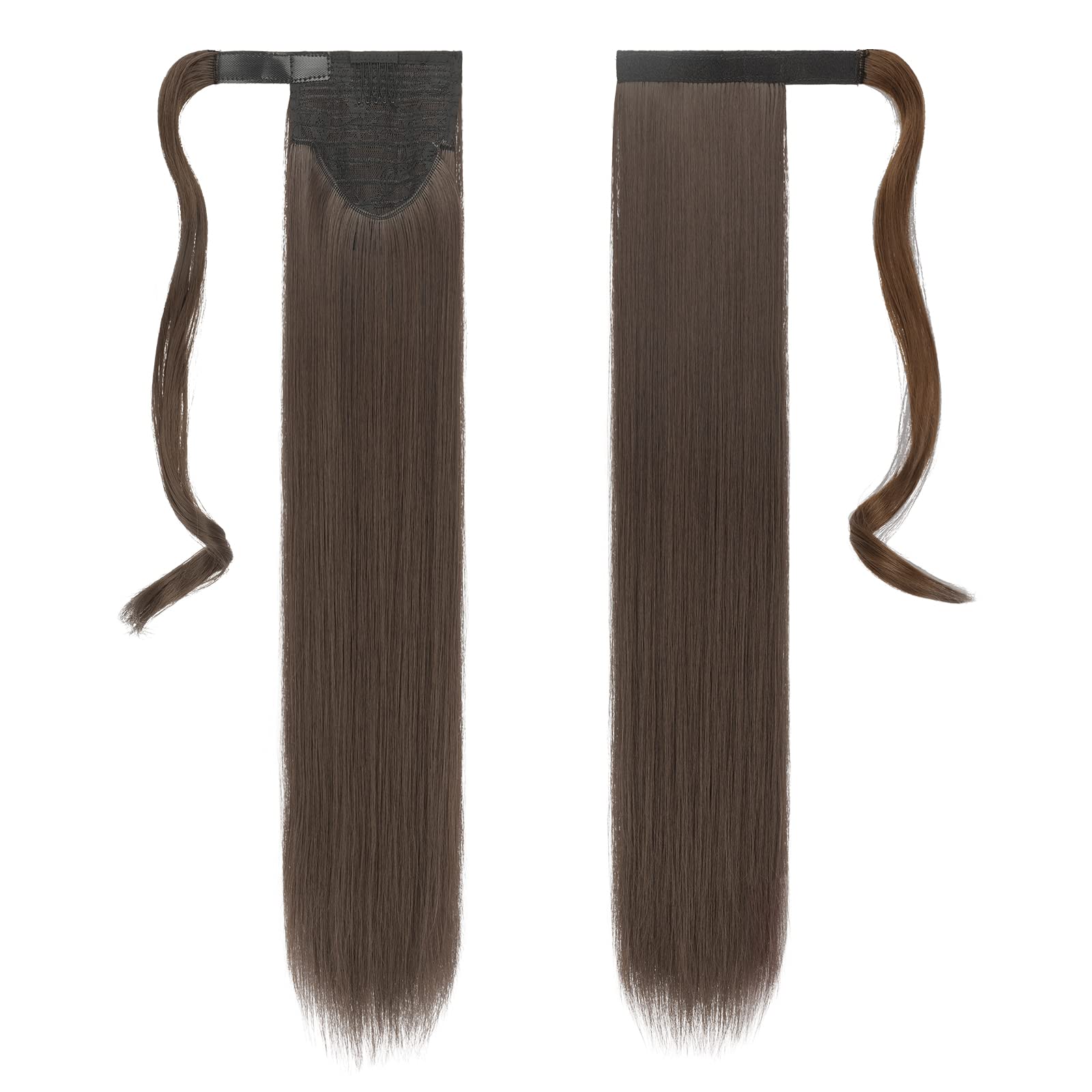 Feshfen Straight Long Ponytail Extensions 28 Inch Wrap Around Synthetic Chestnut Brown Ponytails Hair Piece Pony Tail Hair Exten