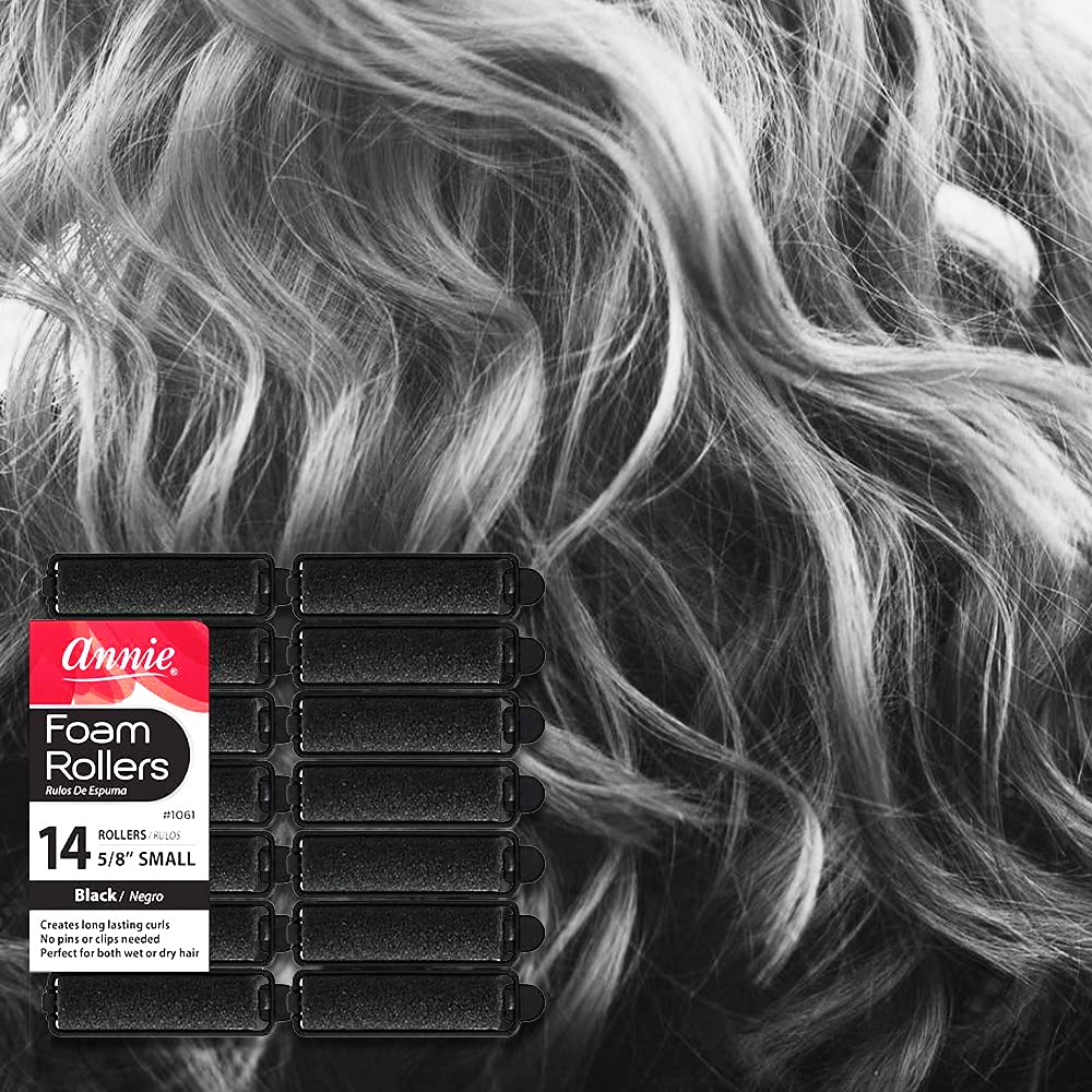 Annie- Salon Style Small Foam Hair Rollers - (5/8) Black - (14) Piece Set - Soft Heat-less Hair Curling Tools