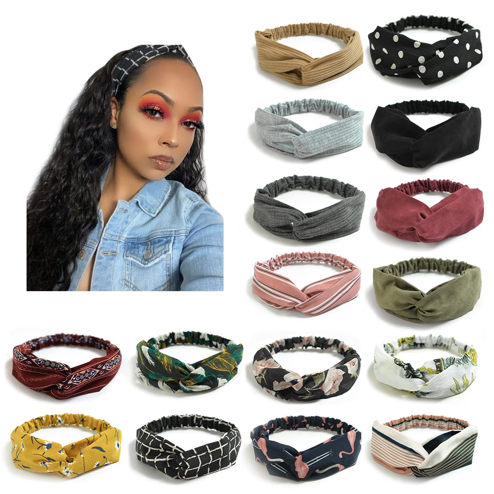 Dreshow 16 Pack Turban Headbands For Women Elastic Back Twisted Hair Bands Face Vintage Cross Head Wrap Hair Accessories