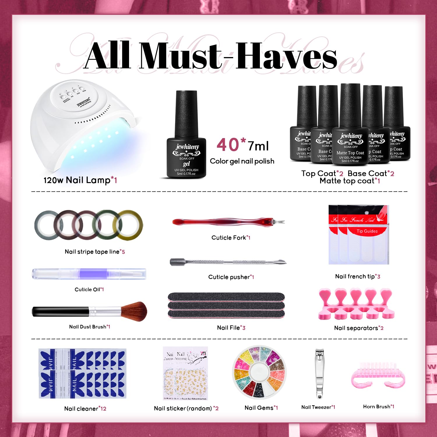 Jewhiteny 43Pcs Gel Nail Polish Kit With U V Light 120W Led Nail Lamp 40 Colors Gel Nail Polish Set Manicure Tools All-In-One Na