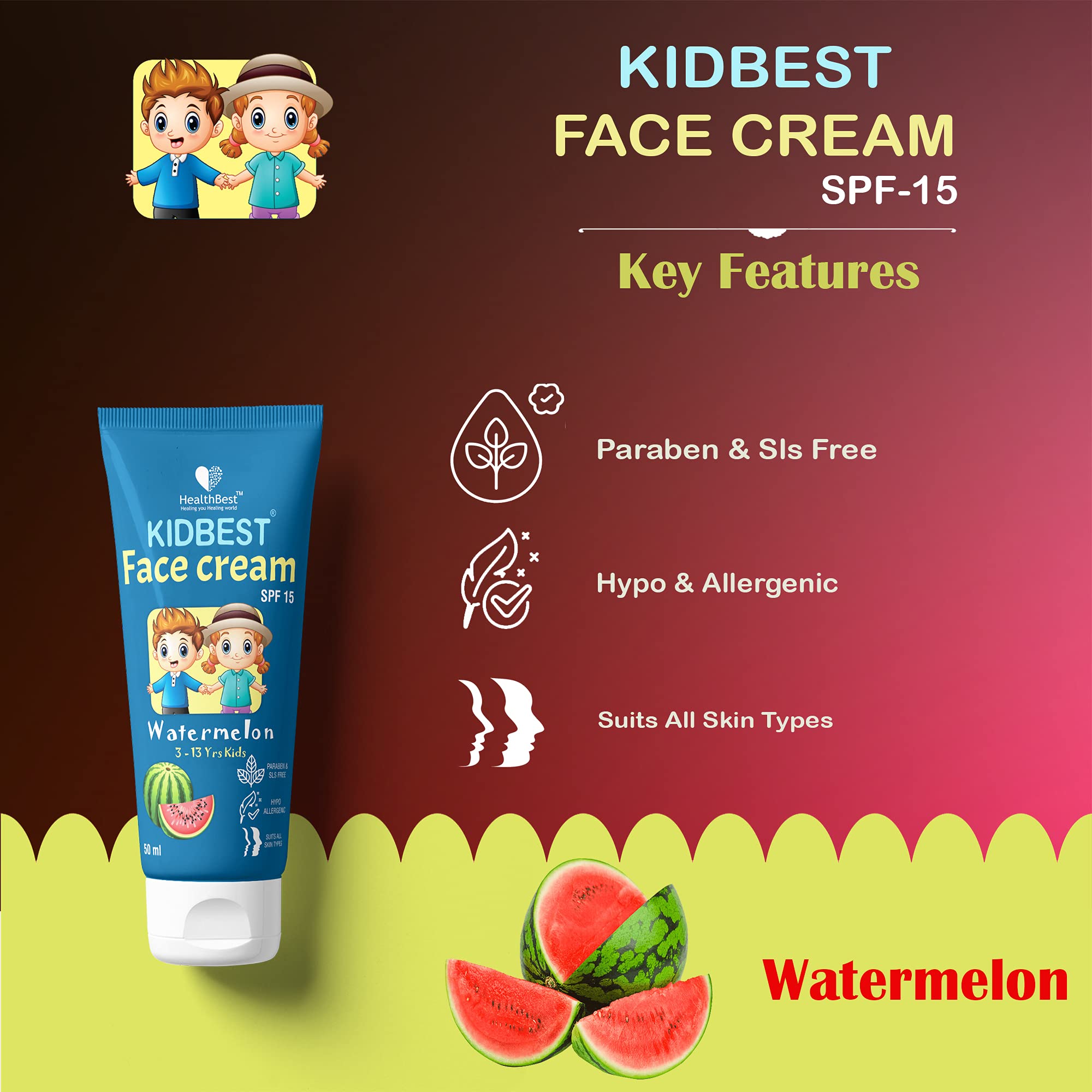 Healthbest Kidbest Face Cream For Kids, Spf 15, Safe For Sensitive Skin & Unscetened, Tear, Paraben, Sls Free, Watermelon Flavor