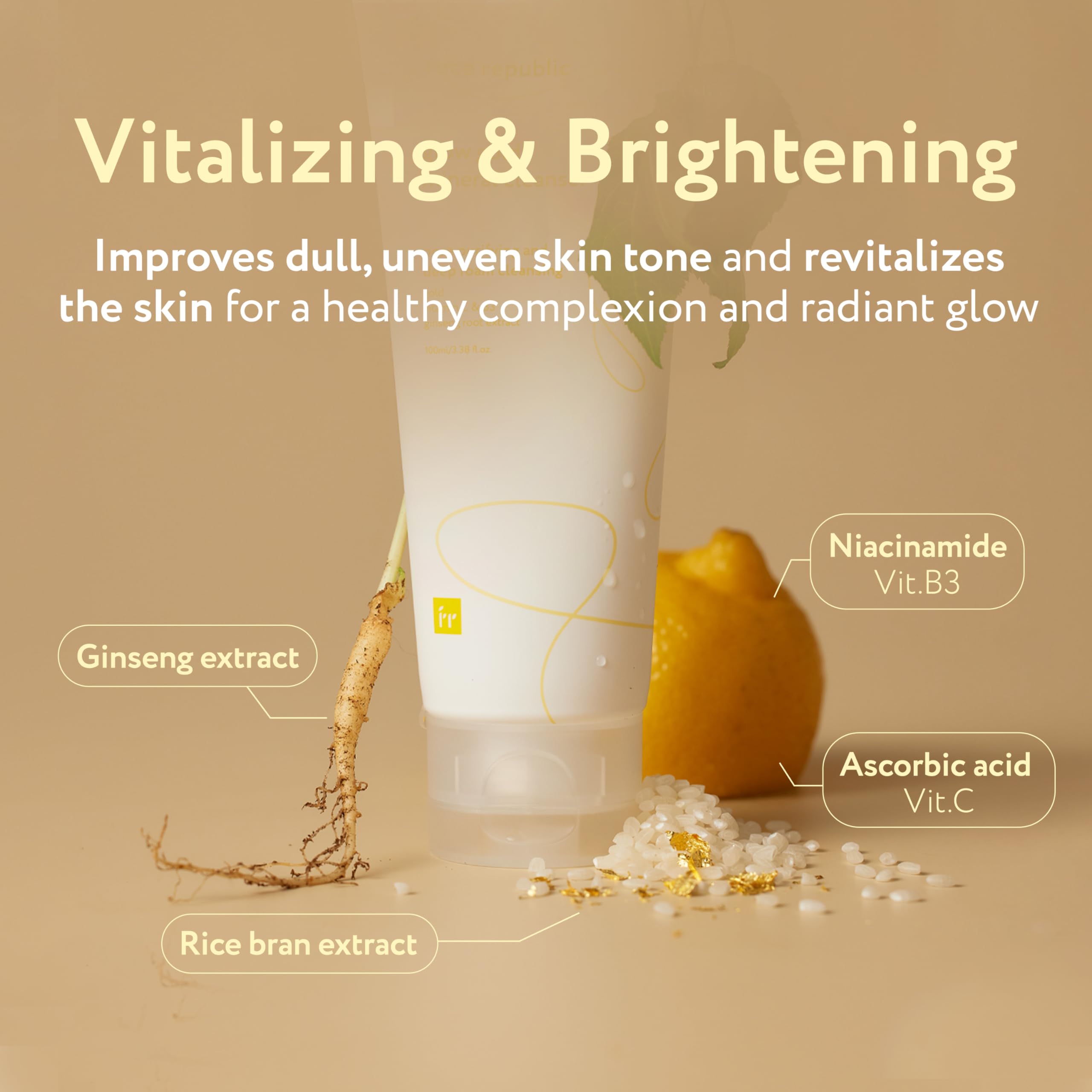 Face Republic Glow Gold Mineral Cleanser 100ml 3.38 fl oz | Deep Pore Purifying Foam | Vitalizing for Dull Skin | Gold, Rice Bra