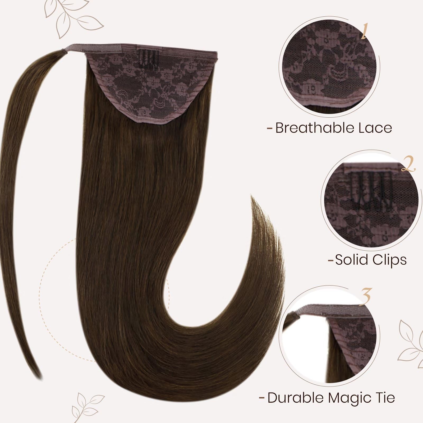 Hetto Ponytail Extensions Human Hair Brown 22 Inch Wrap Around Ponytail Hair Extensions #4 Dark Brown Clip In Ponytail Human Hai