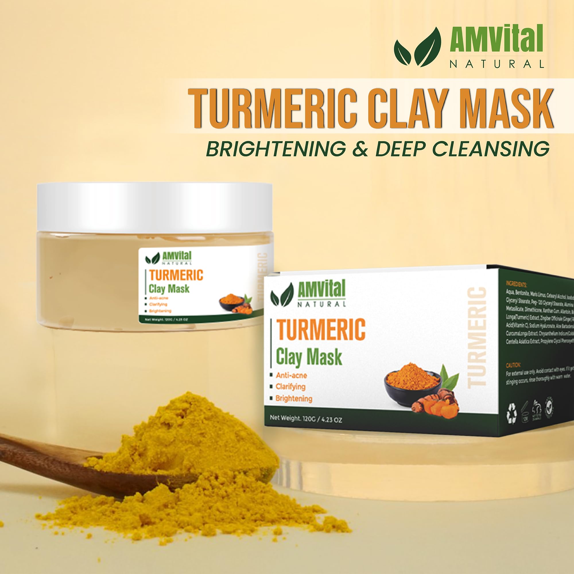 AMVital Turmeric Face Mask, Clay Facial Masks with Vitamin C, Skin Care for Acne and dark Spots, Smooth & Refine Pores, Anti Agi
