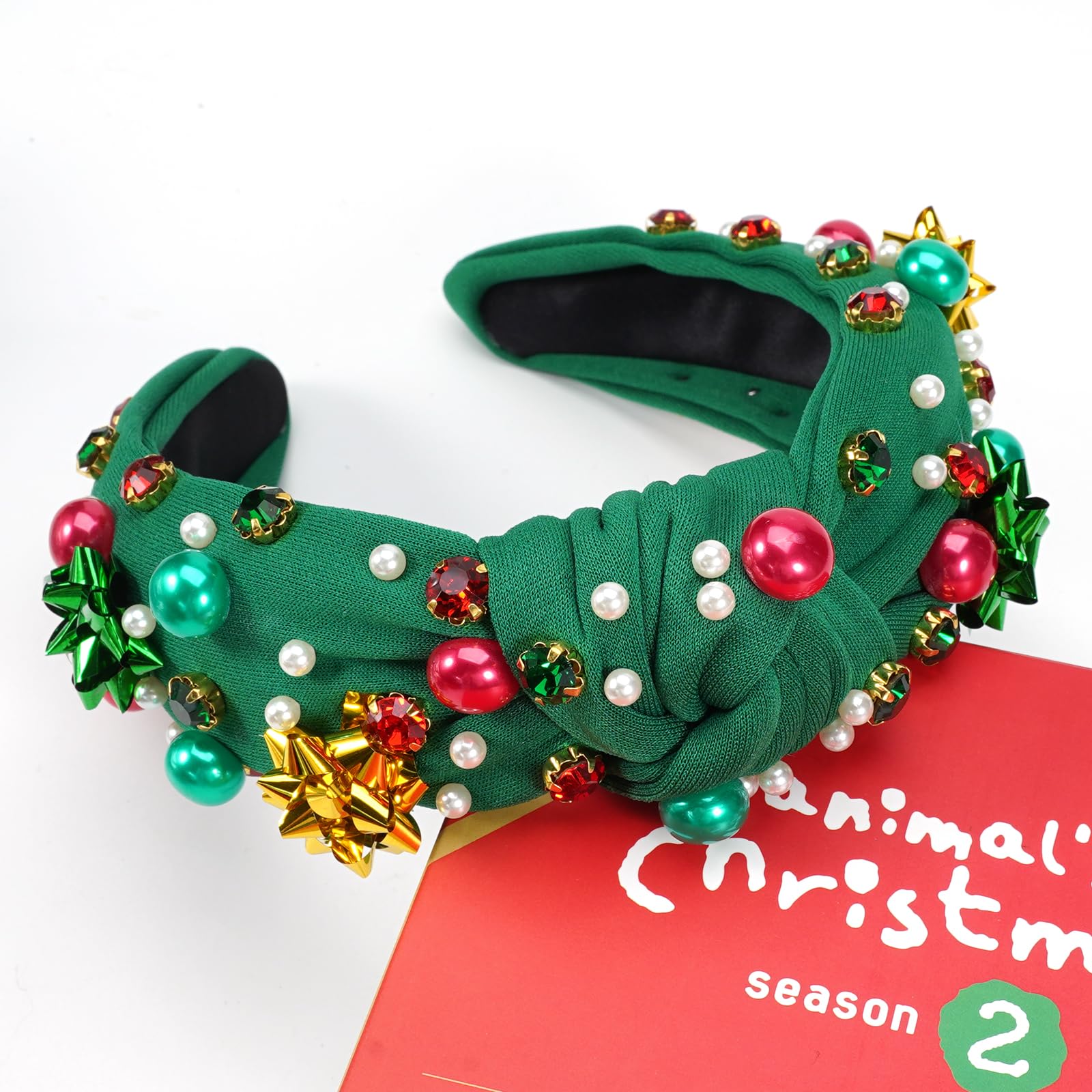 Ardorchid Christmas Headbands for Women Pearl Knotted Headband Xmas Green Rhinestone Crystal Jeweled Hairband Elegant Ladies Wid