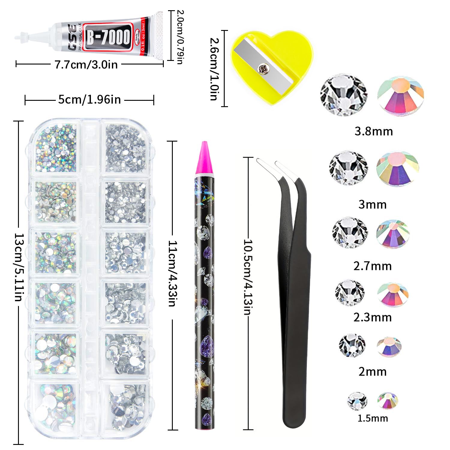 Canvalite Rhinestones 2784PCS in 6 Sizes Flat Back Gems, Crystal AB Art Gems with 5Pcs B7000 Glue, Pick Up Tweezers and Picker D