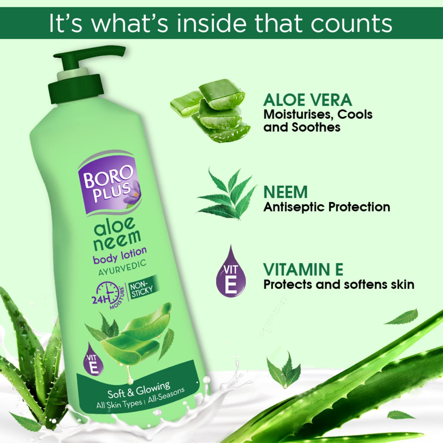 BOROPLUS Aloe Neem Body Lotion | Lightweight, Non-Greasy Moisturizer for Very Dry Skin | 24-Hour Hydration with Aloe Vera & Neem