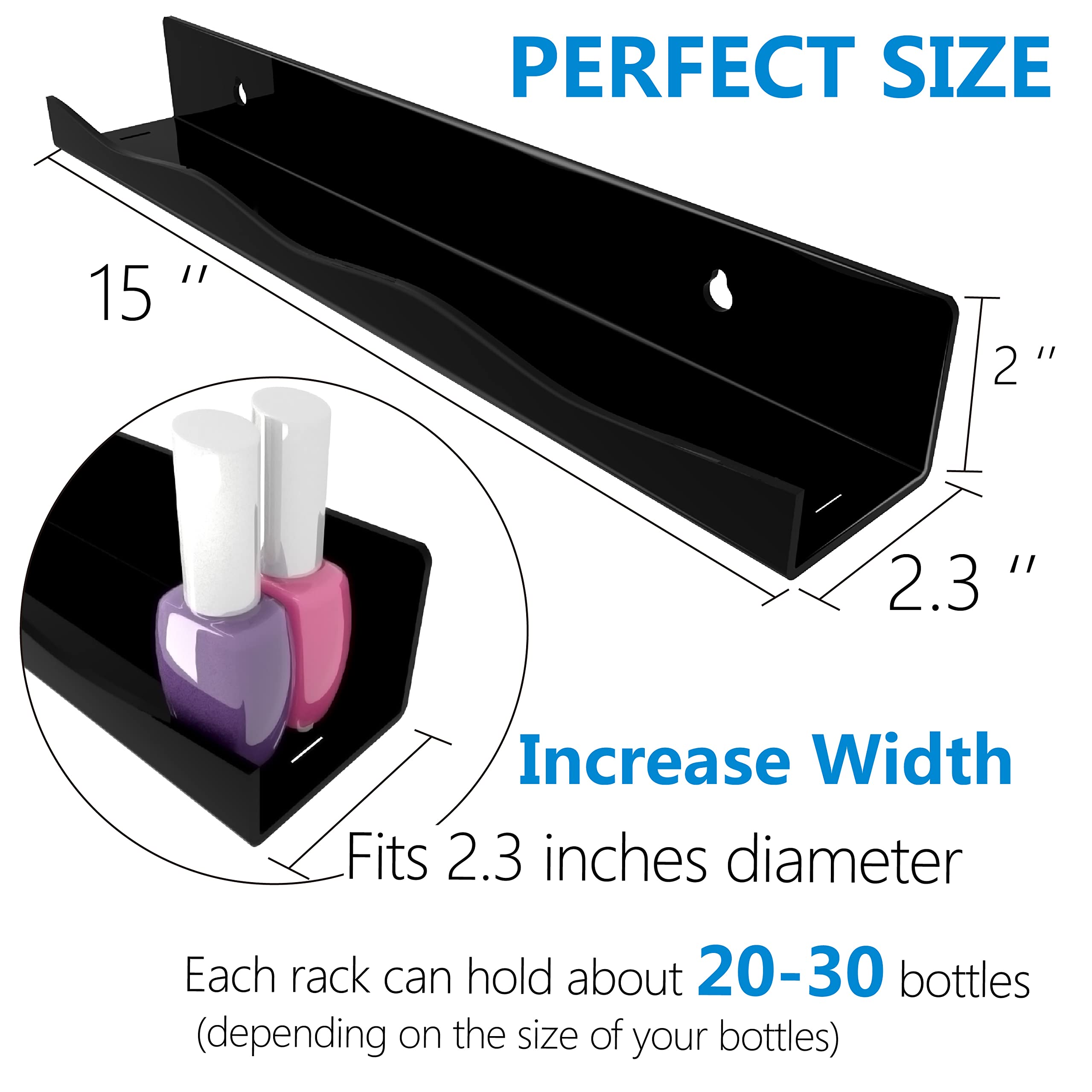 YMVV Black Acrylic Nail Polish Wall Racks,15 Increased Width Black Wall Mounted Shelves Nail Polish Organizer, Sunglasses Essent