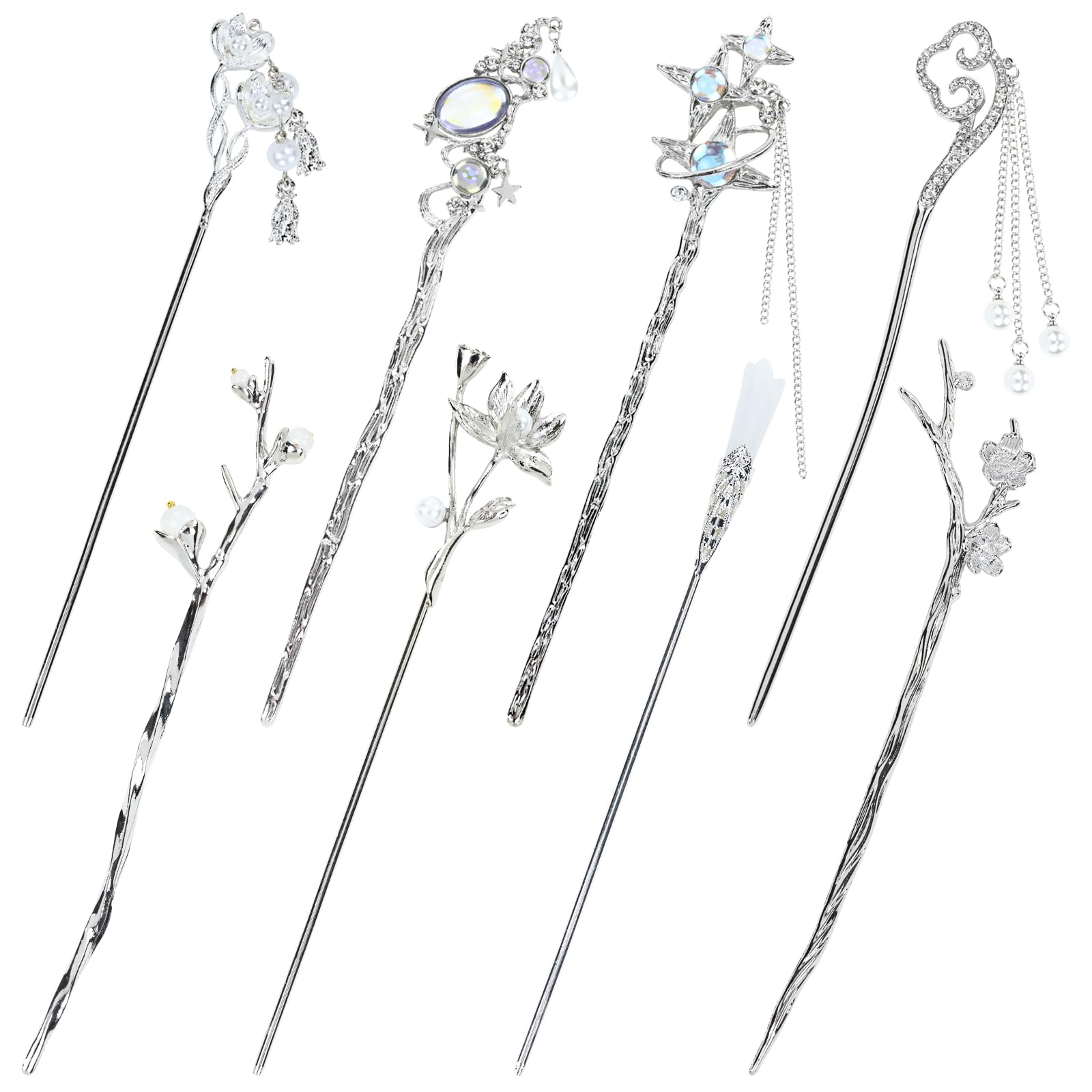 inSowni 8 Pieces Decorative Retro Crystal Pearl Silver Hair Sticks Pins with Pendants Asian Chinese Hanfu Cloud Star Lotus Flowe