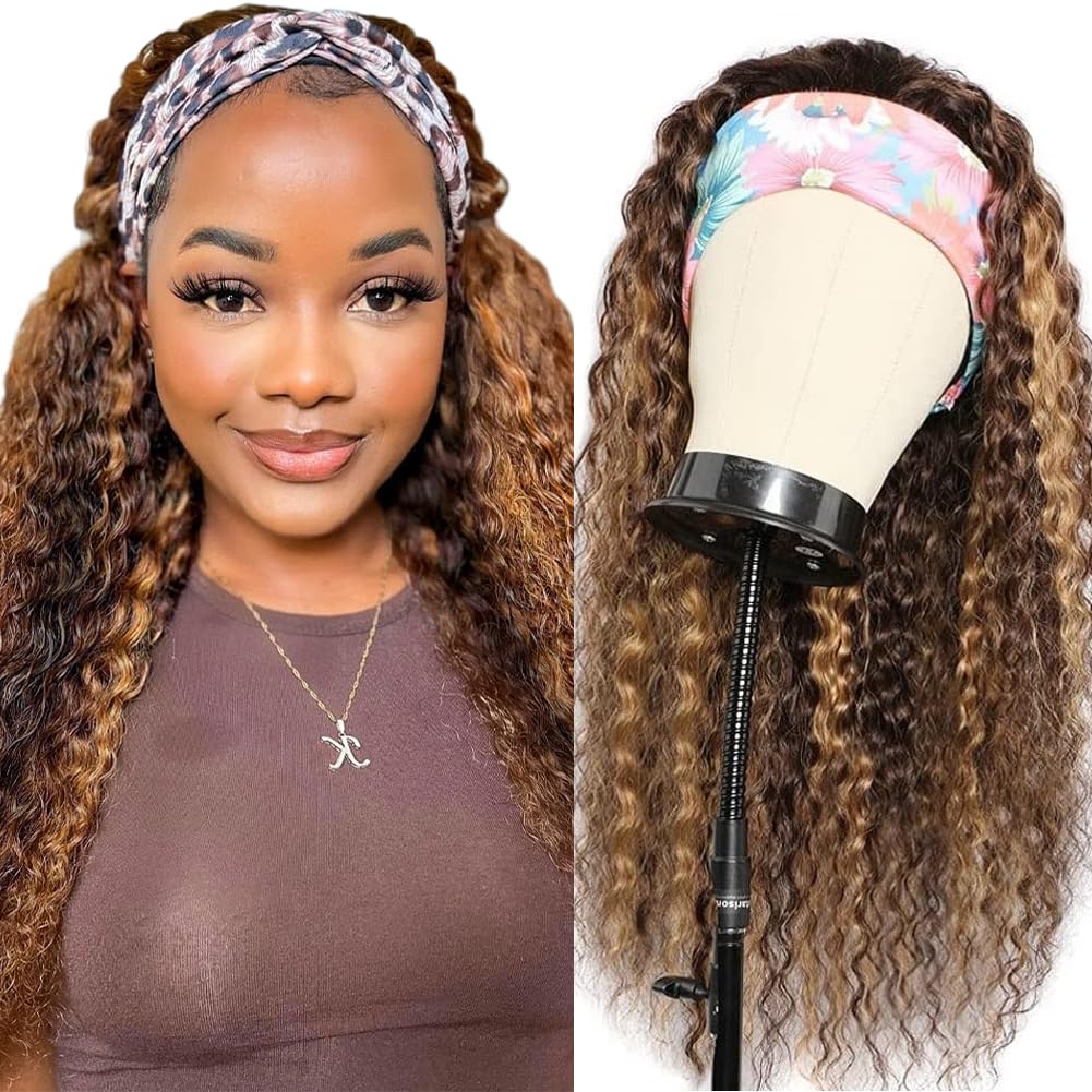 Ombre Headband Wig Human Hair 4/27 Highlight Curly Headband Wigs for Black Women Human Hair 20 Inch Glueless Deep Wave None Lace