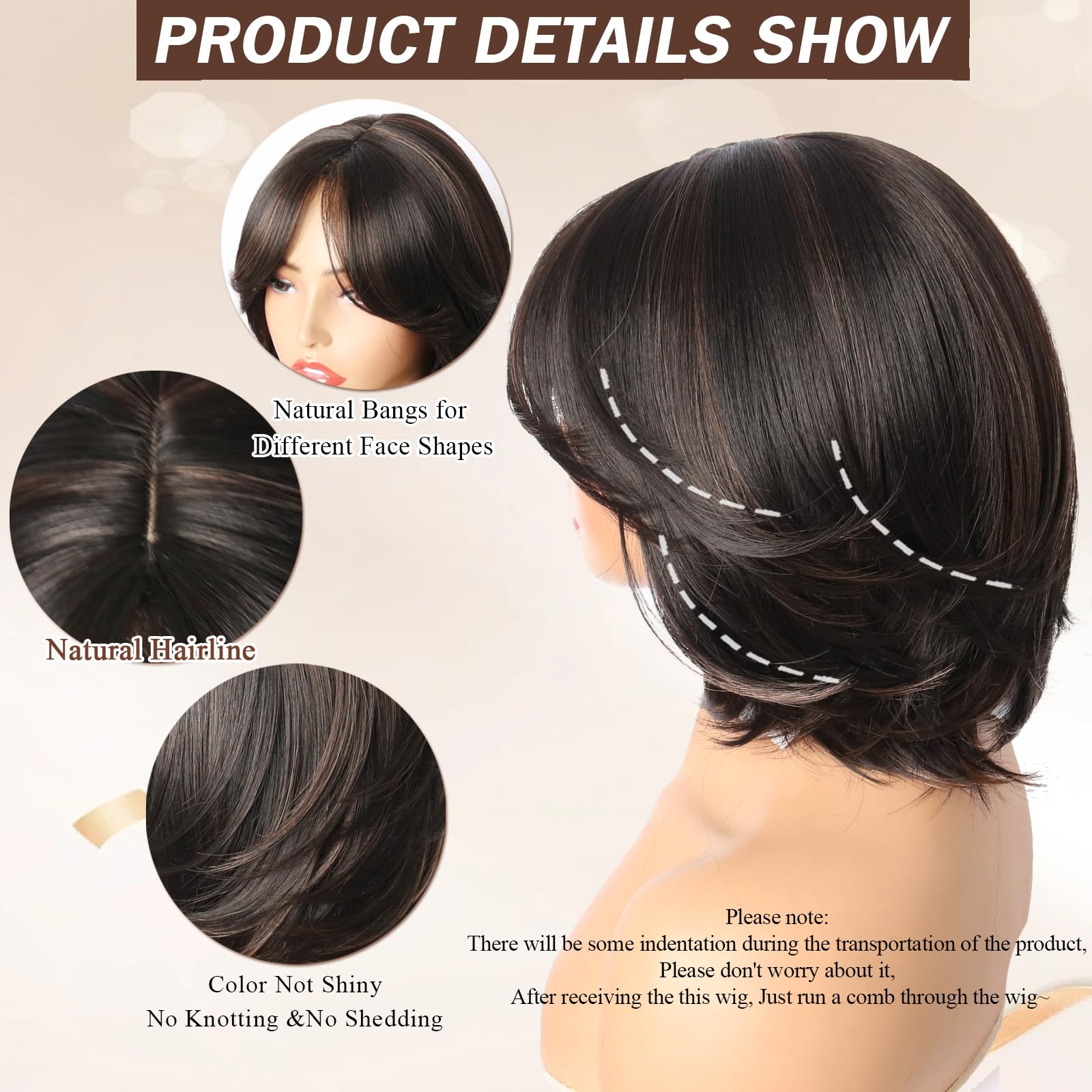 Oseti Dark Brown Wig Highlight Brown Wig with Curtain Bangs for Women Synthetic Short Hair Wig Short Brown Layered Wig Curly Bob
