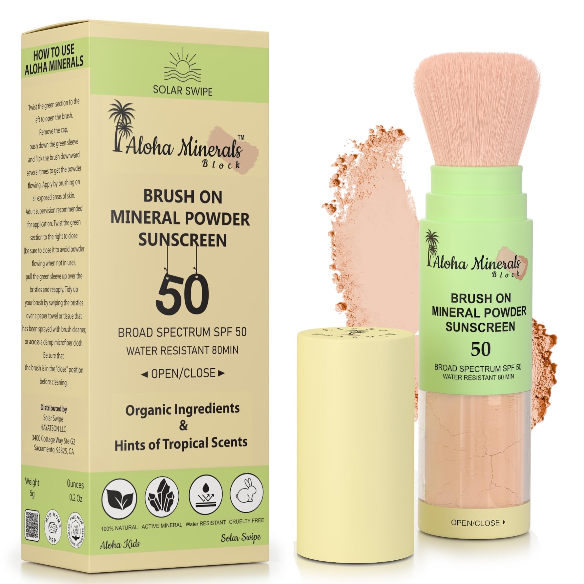 Solar Swipe, Aloha Minerals Block Brush-On Mineral Powder Sunscreen For Face, SPF 50, Water Resistant, Broad Spectrum, Natural M