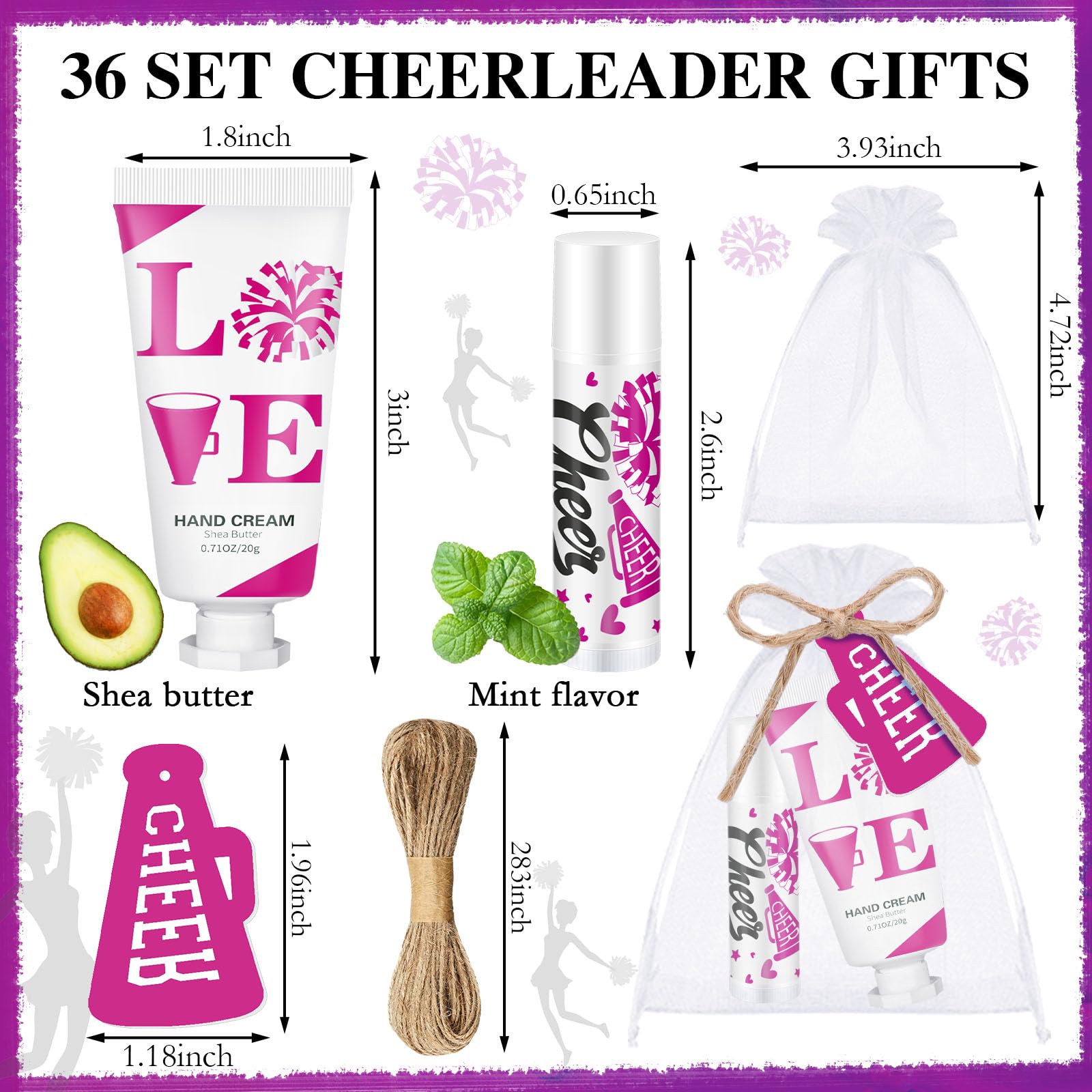 Heigble 144 Pcs Cheerleading Lip Balms Hand Cream Sets Pink Cheerleading Party Supplies Including 36 Lip Balm and Moisturizing H