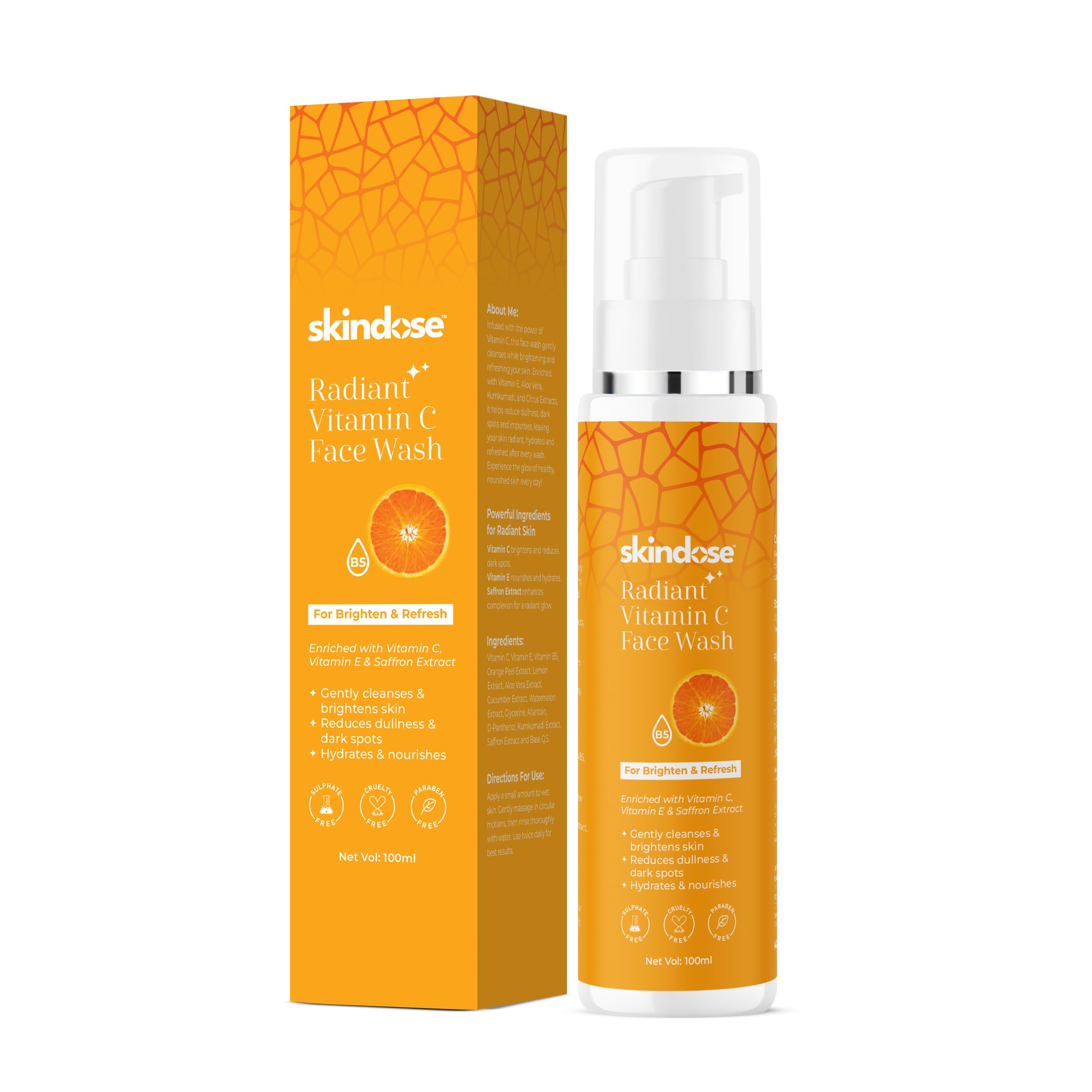 Skindose Vitamin C Facewash With Vitamin E, Saffron & Vitamin B5 | Brightens Skin, Fades Dark Spots & Hydrates | Gentle Daily Cl