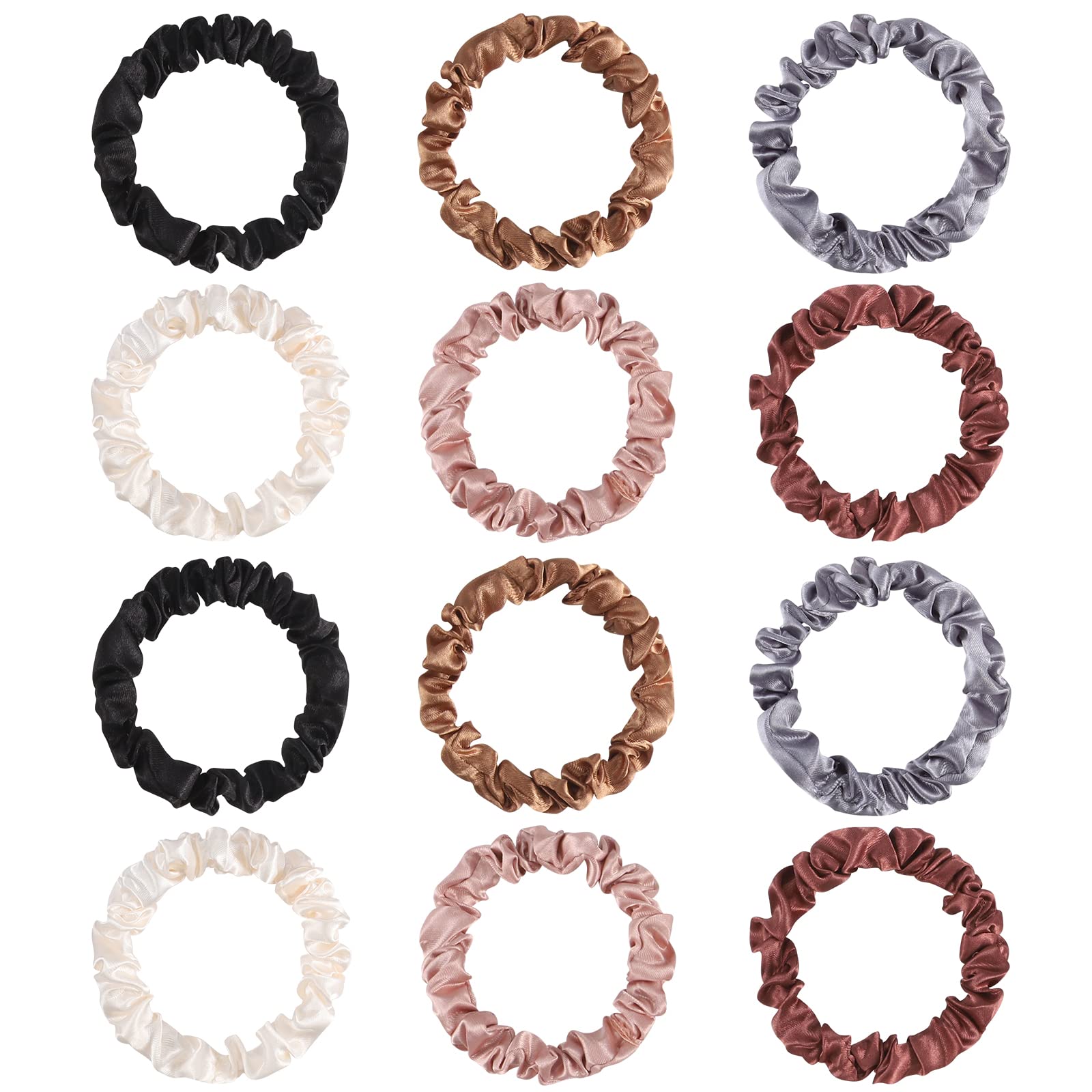 Pengxiaomei 12Pcs Satin Scrunchies, Coffee Color Series Satin Hair Ties Elastic Hair Bands Ponytail Holder Hair Accessories Vale