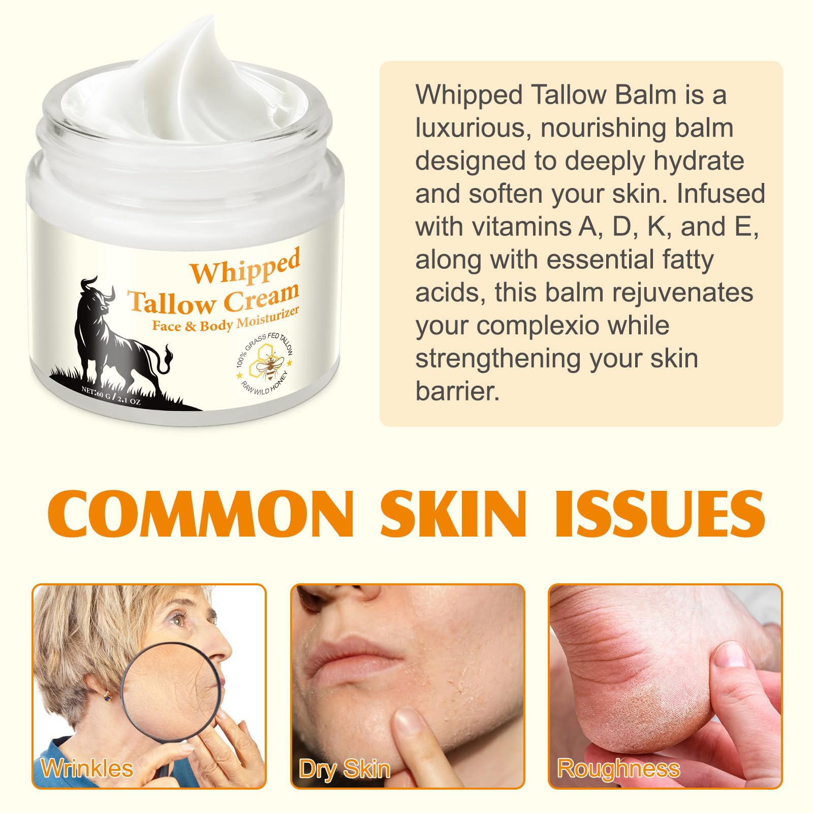 Daiasns Beef Tallow For Skin, Beef Tallow, Organic Grass Fed Beef Tallow - Tallow And Honey Balm- Deeply Moisturizing, All-Natur