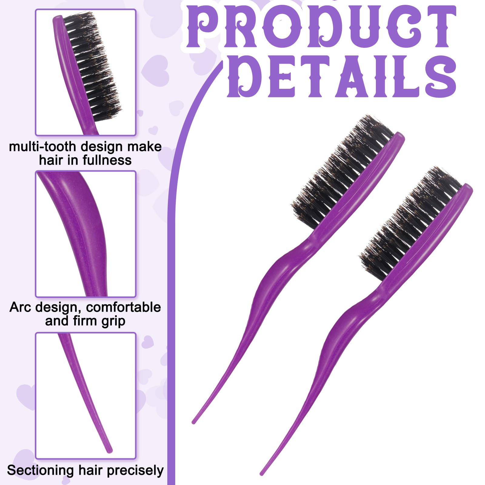 2 Pieces Boar Bristle Brush Comb Hair Teasing Brush For Women Men Salon Boar Nylon Bristle Beauty Styling Backcombing Brush (Pur