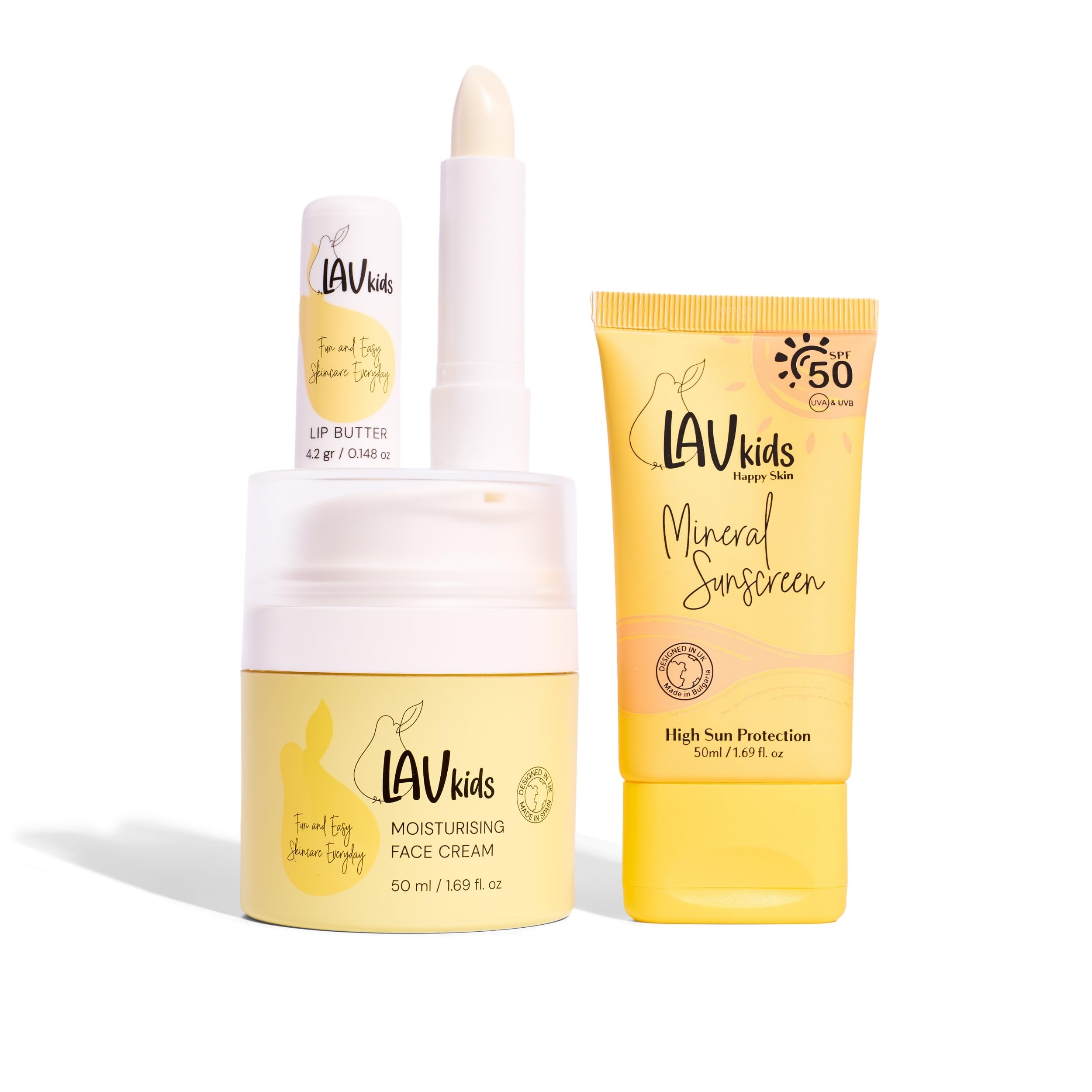 LAV kids Sun Ready Set, SPF 50 Mineral Sunscreen, Moisturising Face Cream, Lip Butter, with Hairband, 4Piece Kids Skincare Gift