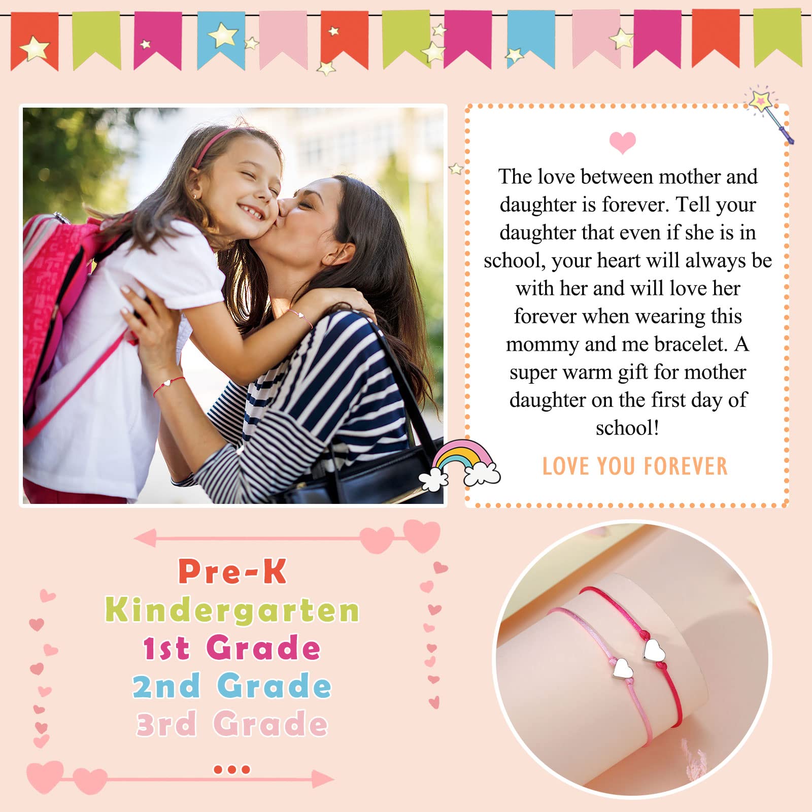 UNGENT THEM Back to School First Day of Kindergarten Bracelet Mommy and Me Mom and Daughter First Day of School Mother Daughter