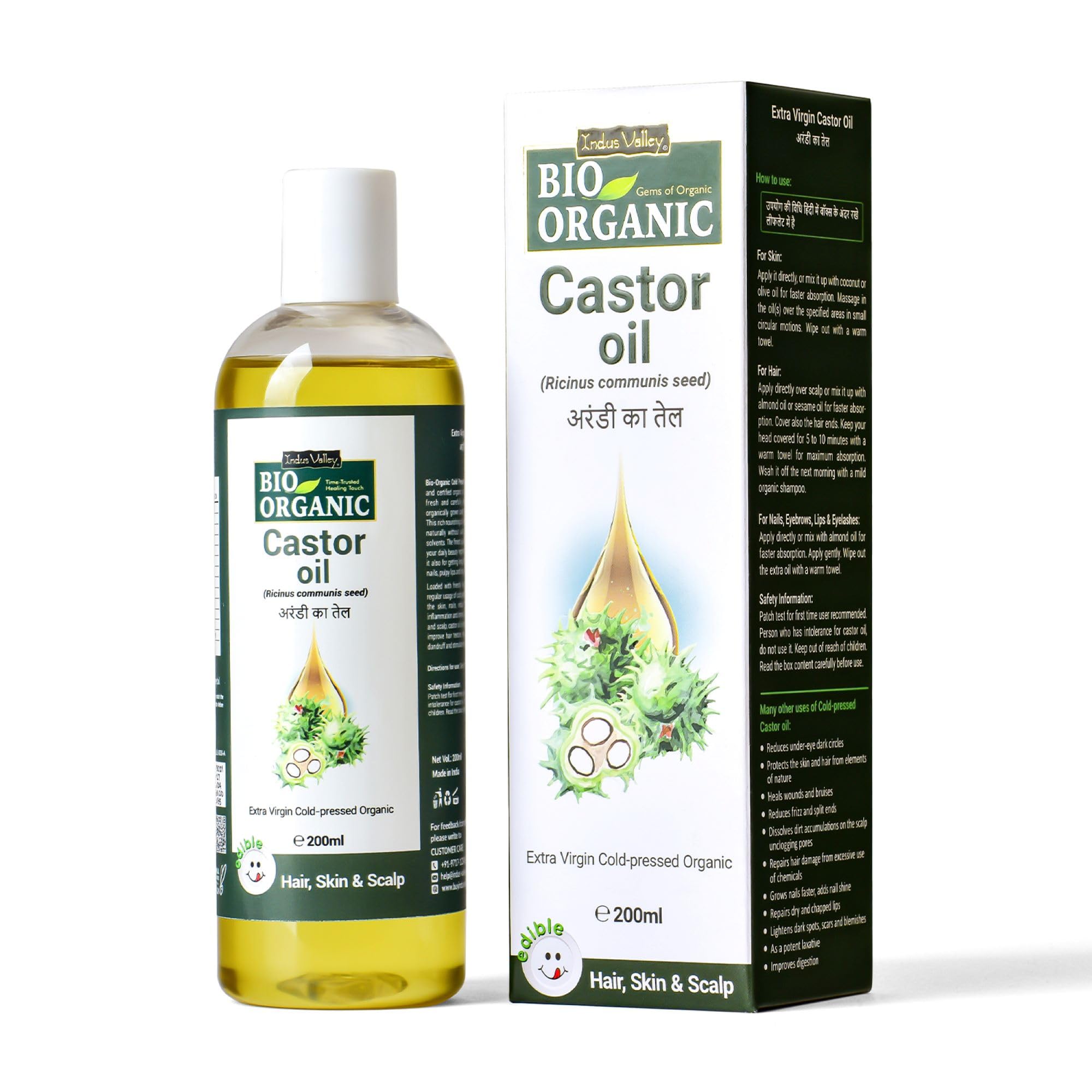 Indus Valley Bio Organic Castor Oil For Extra Virgin Cold - Pressed Organic Hair & Skin - 200 Ml