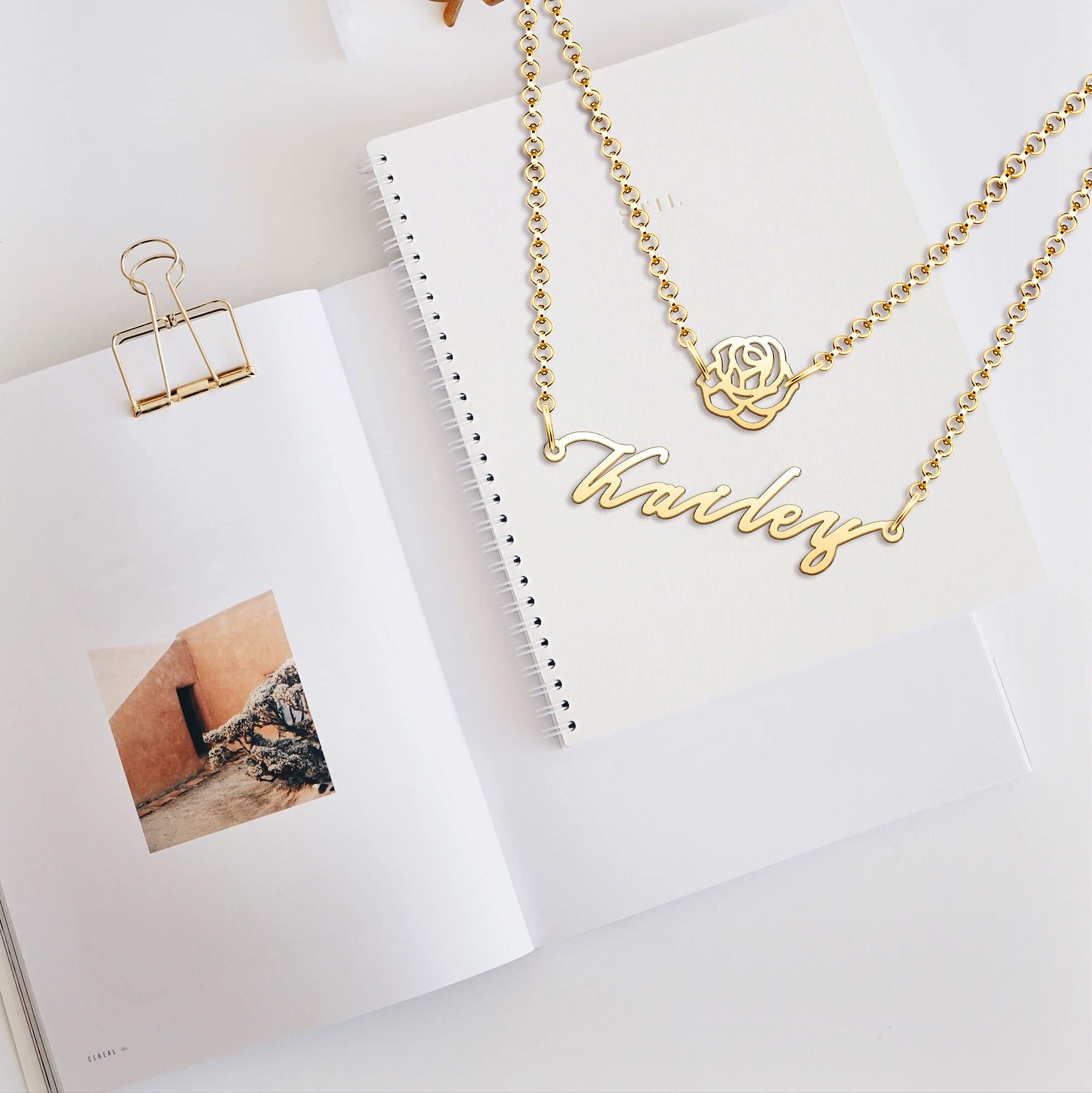 CoolJewelry Cursive Script Necklace Rose Flower Pendant Necklace Custom Necklace Personalized Name Necklace for Women for