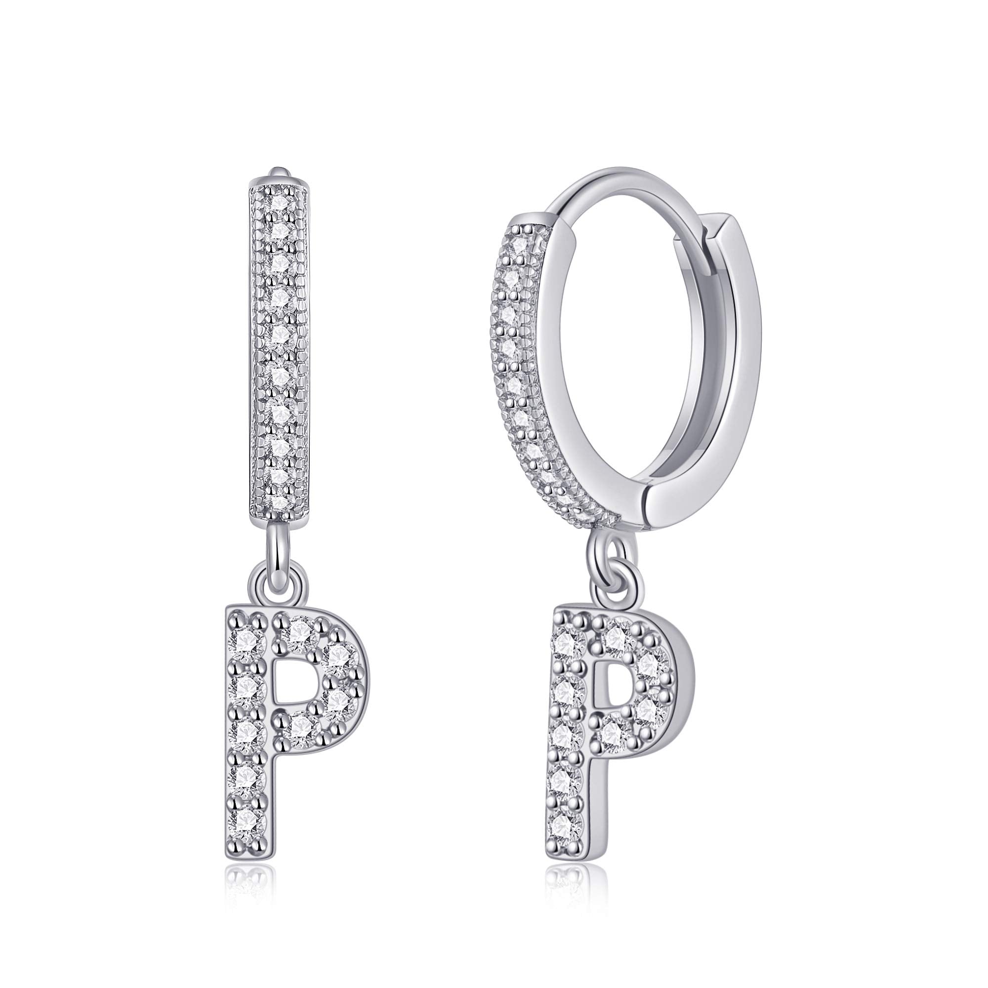 Initial Dangle Hoop Earrings for Women Siver Cubic Zirconia Personalized Letter P Huggie Earrings Gift for Her