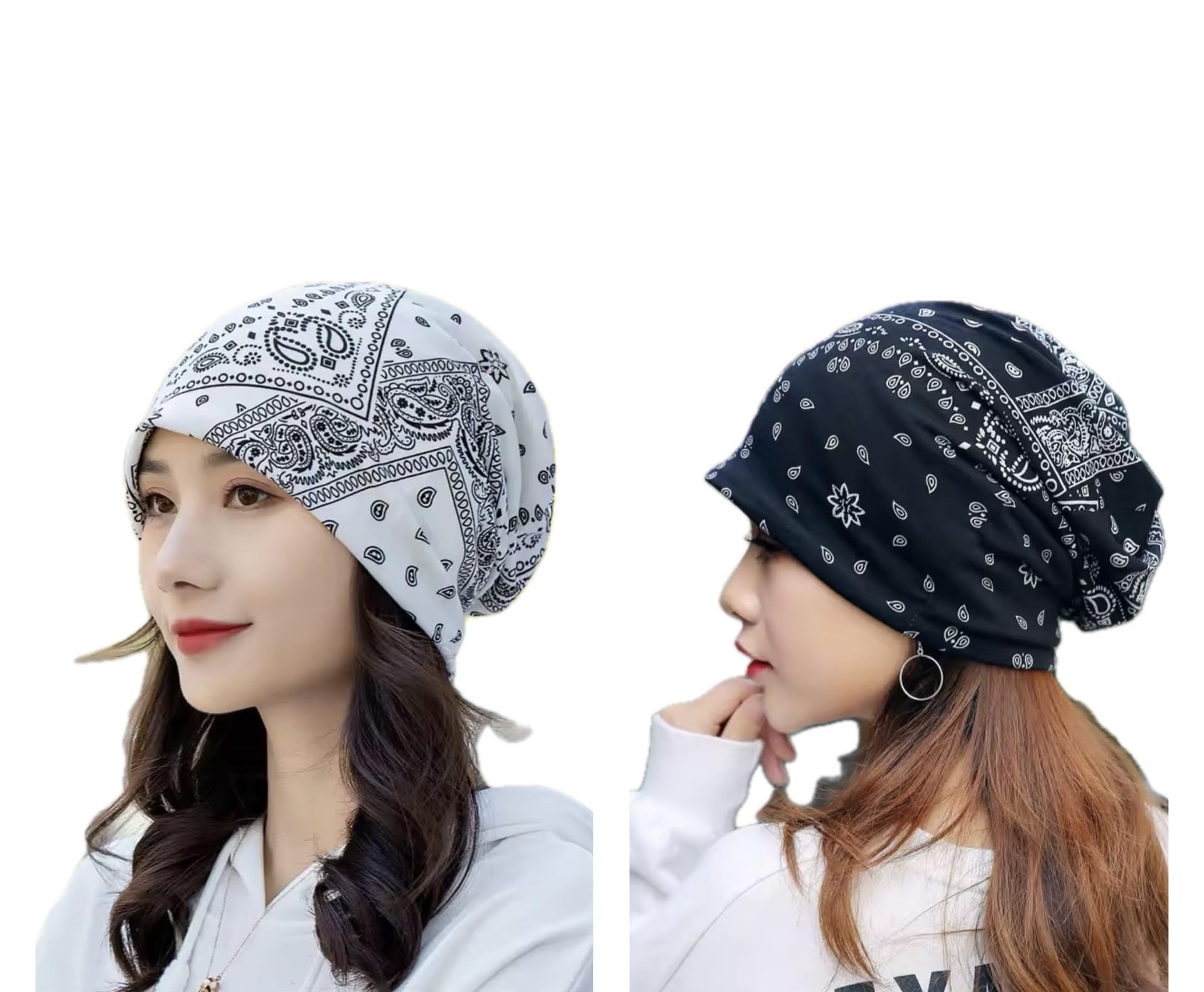 Future Tabs Baggy Slouchy Paisley Printed Bandanna For Men & Women  White & Black Combo | Aesthetic Unisex Headband | Breathabl