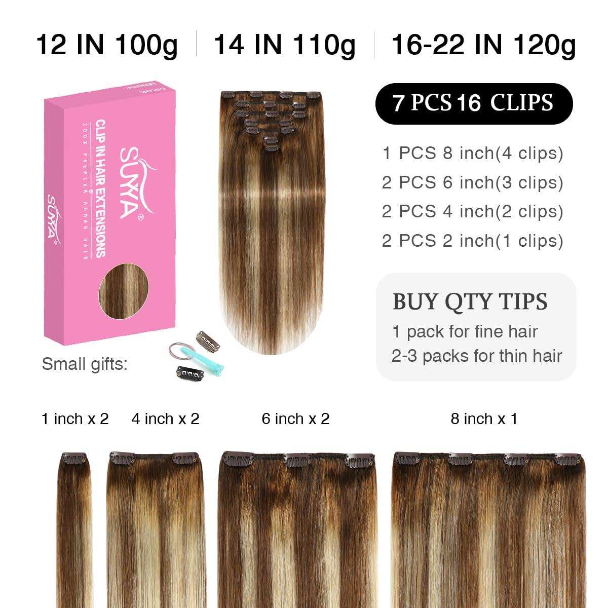 Suyya Clip In Hair Extensions Real Human Hair 14 Inch 110G 7Pcs Hair Extensions Clip Ins Straight Double Weft Balayage Chocolate