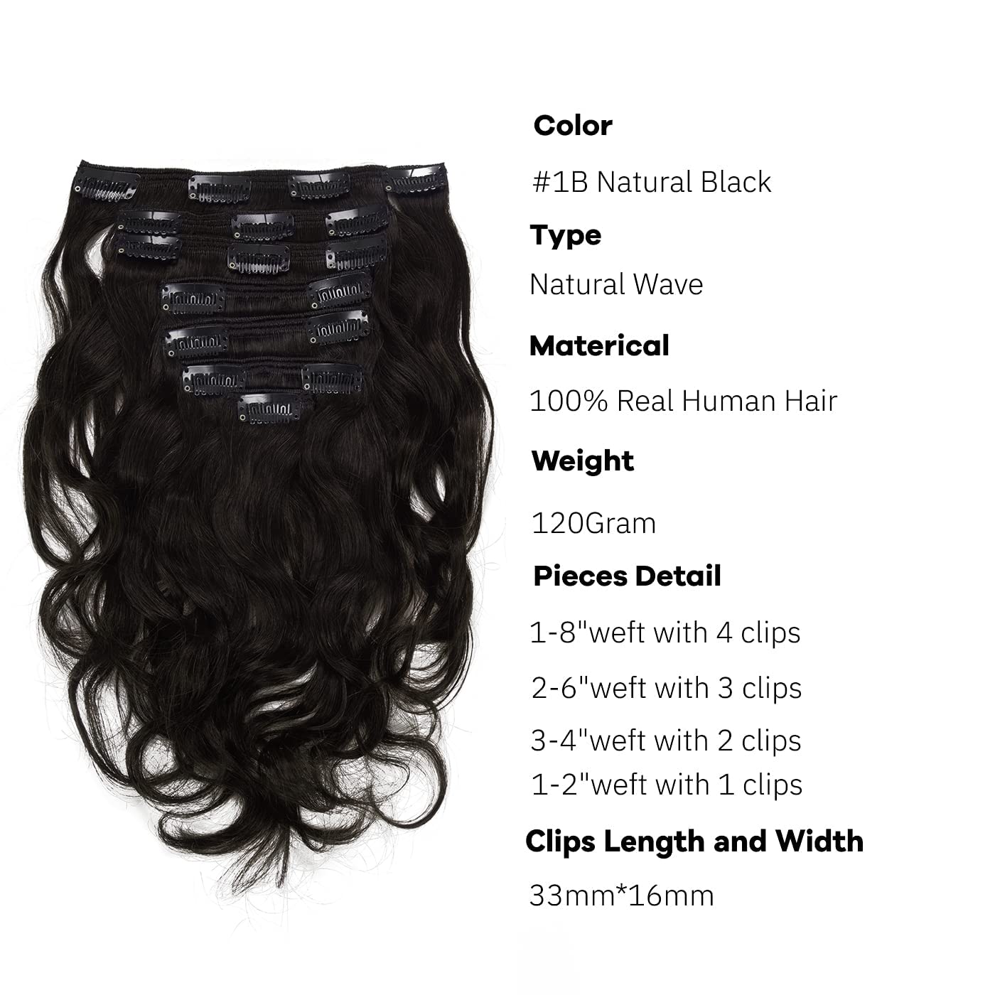 Loxxy Clip In Human Hair Extensions #1B Natural Black And Natural Wave Real Human Hair Extensions 14Inch Double Weft With 17 Str