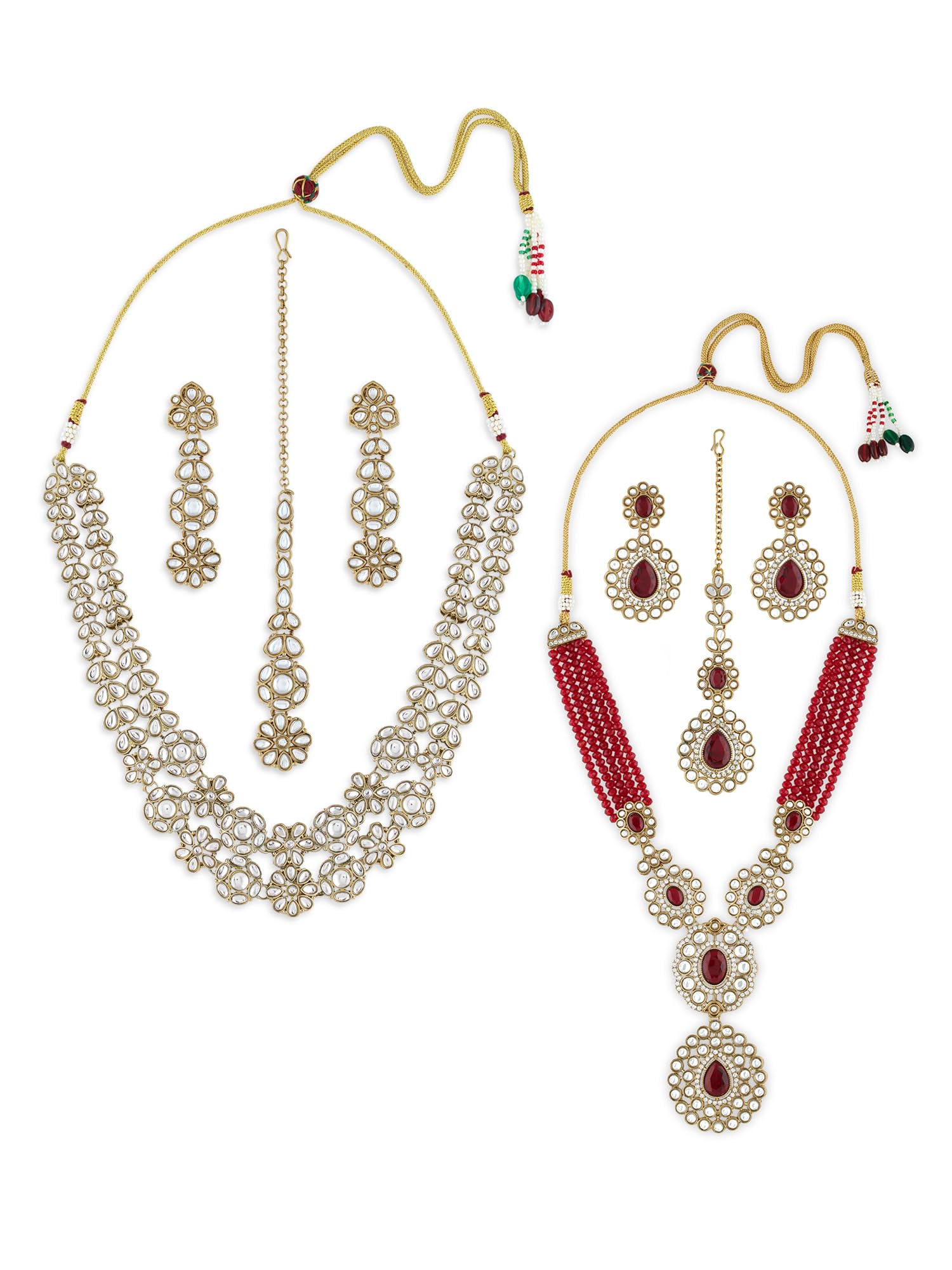 Zaveri Pearls Combo Of 2 Red Stones Beads Antique Gold Plating Necklace Earring & Maangtikka Sets For WomenZpfk22041
