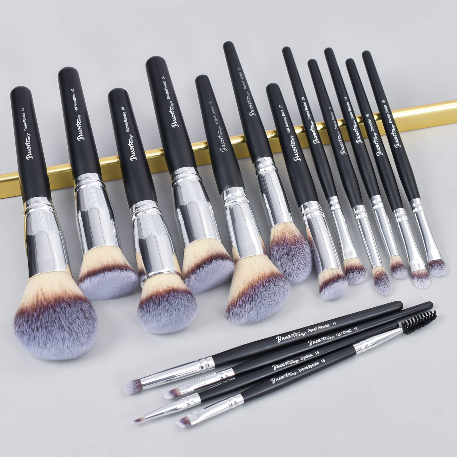 Bueart Design 16Pcs Ultra Soft Black Labeled Makeup Brushes Set Contains Large Powder Flat Foundation Blending Blush Face Contou