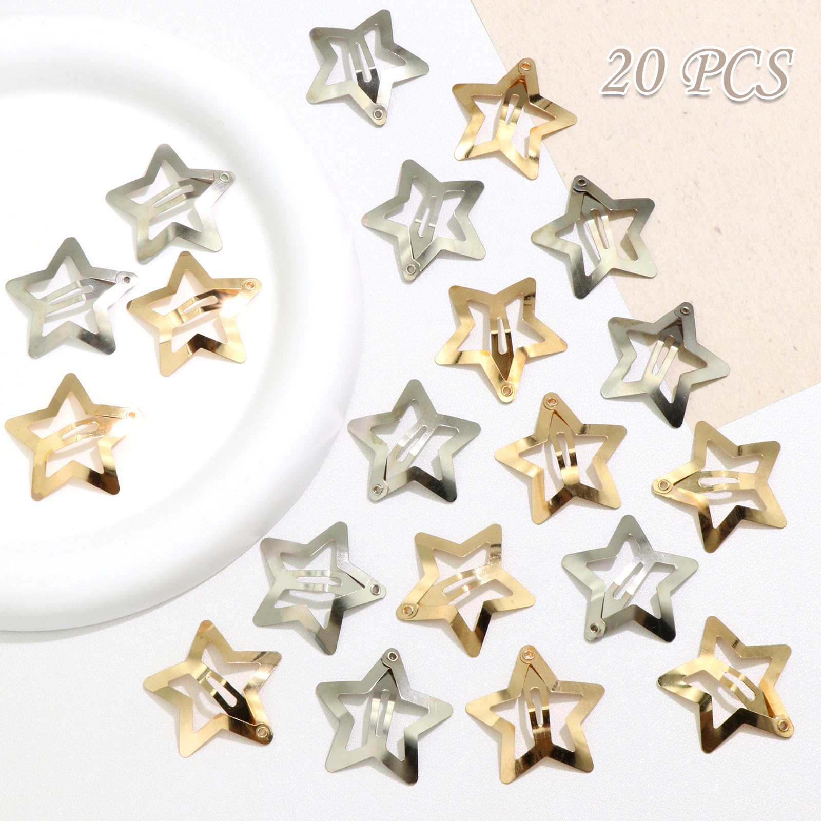 Naiska Gold&Silver Star Hair Clips 20Pcs Snap Star Hair Accessories Non Slip Star Clips 2000S Y2K Accessories Metal Alloy Star H