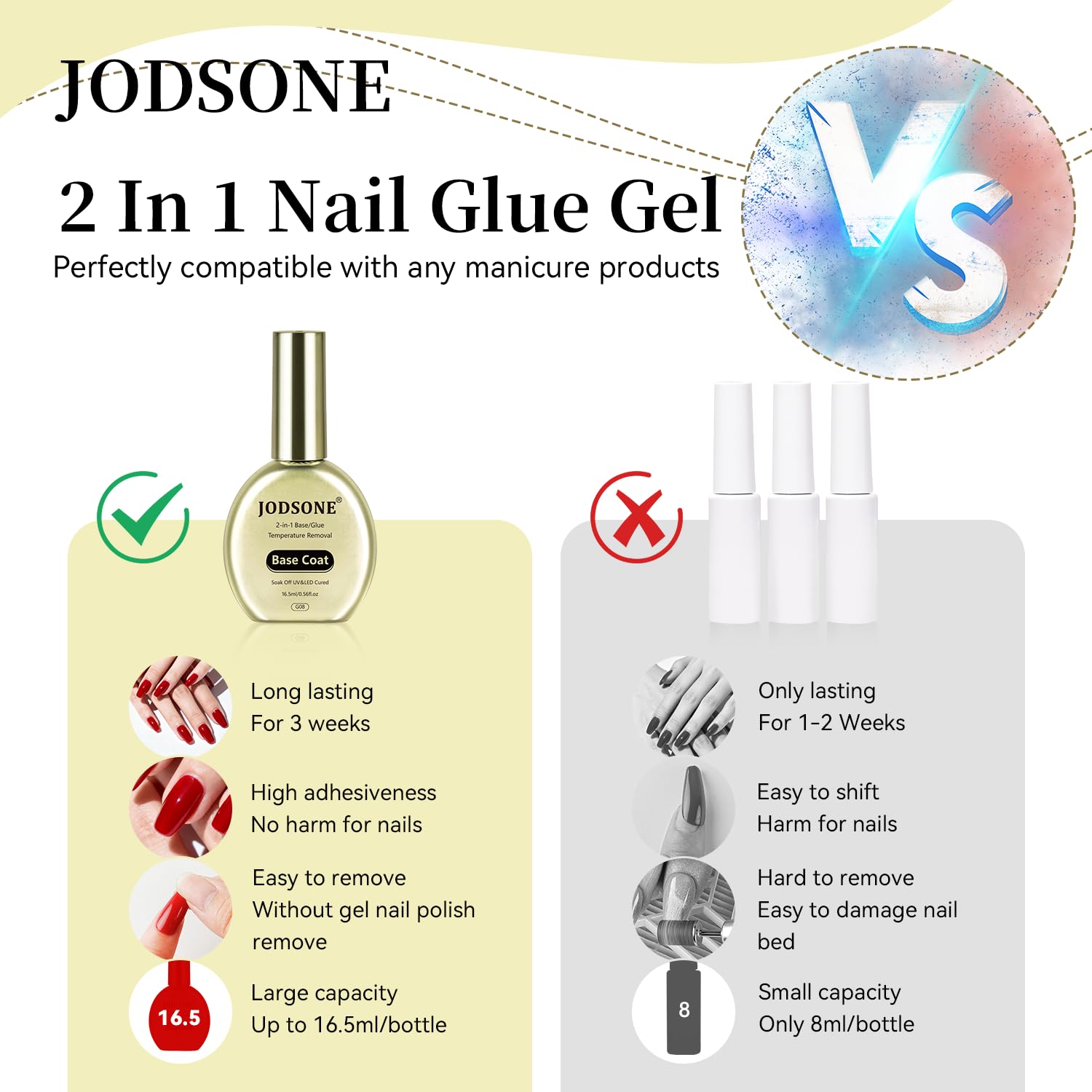 JODSONE 2-in-1 Base Coat - 16.5ml No Wipe, Warmly Removable Foundation for Gel Nail Polish & Tips. U V/LED Cured, Long-Lasting,
