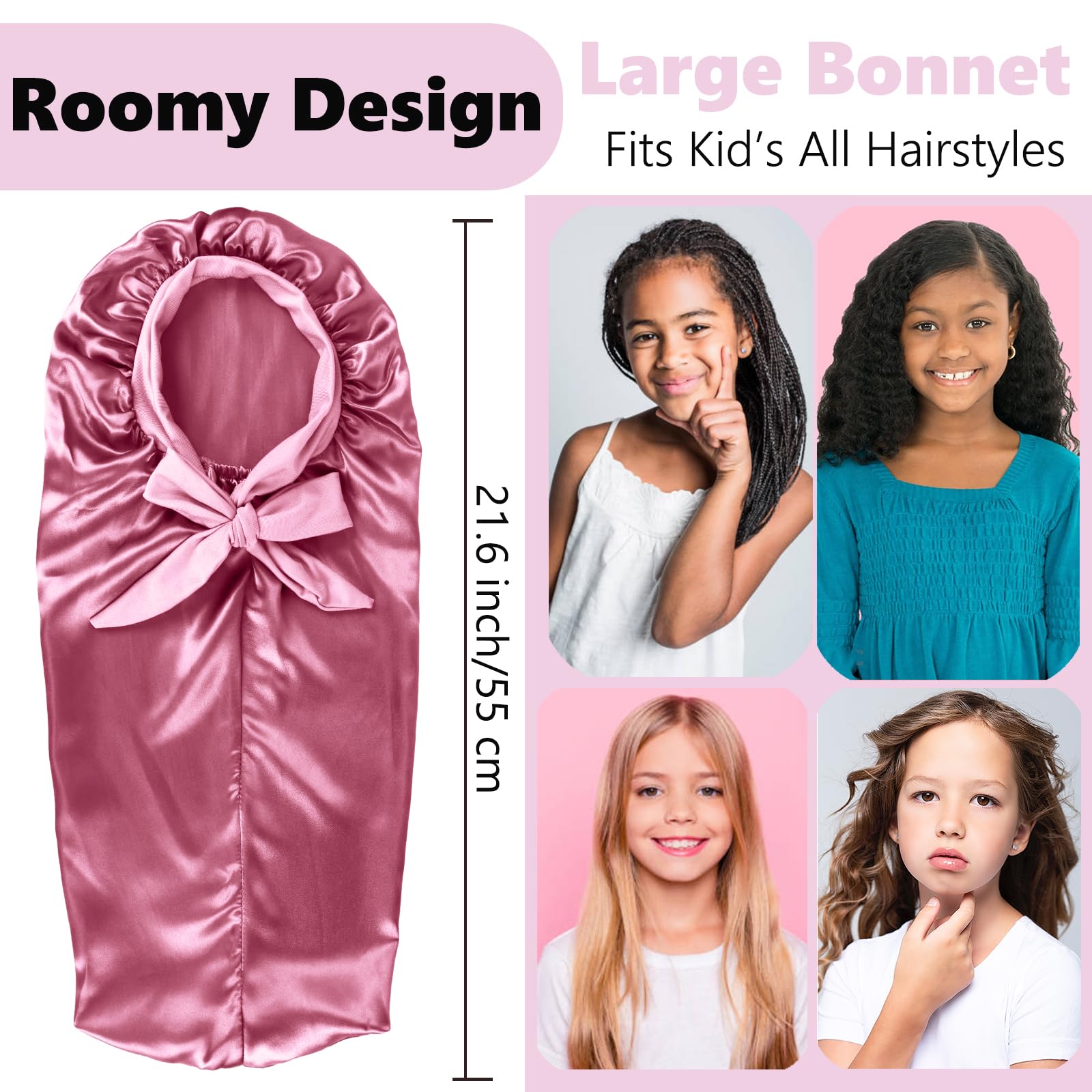 Long Kids Bonnets For Girls,Bonnet For Sleeping Kids,Satin Bonnet For Kids Braids,Curly Hair (Rose Gold)