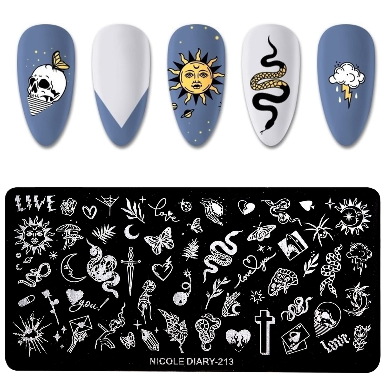 NICENEEDED Punk Style Nail Art Stamping Template, Tarot Cross Snake Butterfly Image Nail Plates Nail Supplies, 1Pc Mix Pattern V