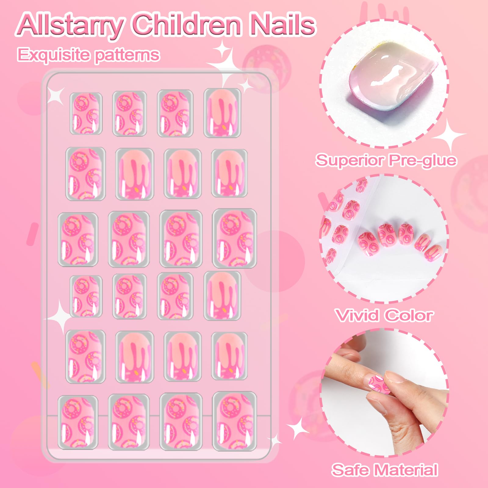 Allstarry 72Pcs 3 Pack Children Nails Press On Pre-Glue Full Cover Bear Sunflower Doughnut Short False Nail Kits Lovely Gift For