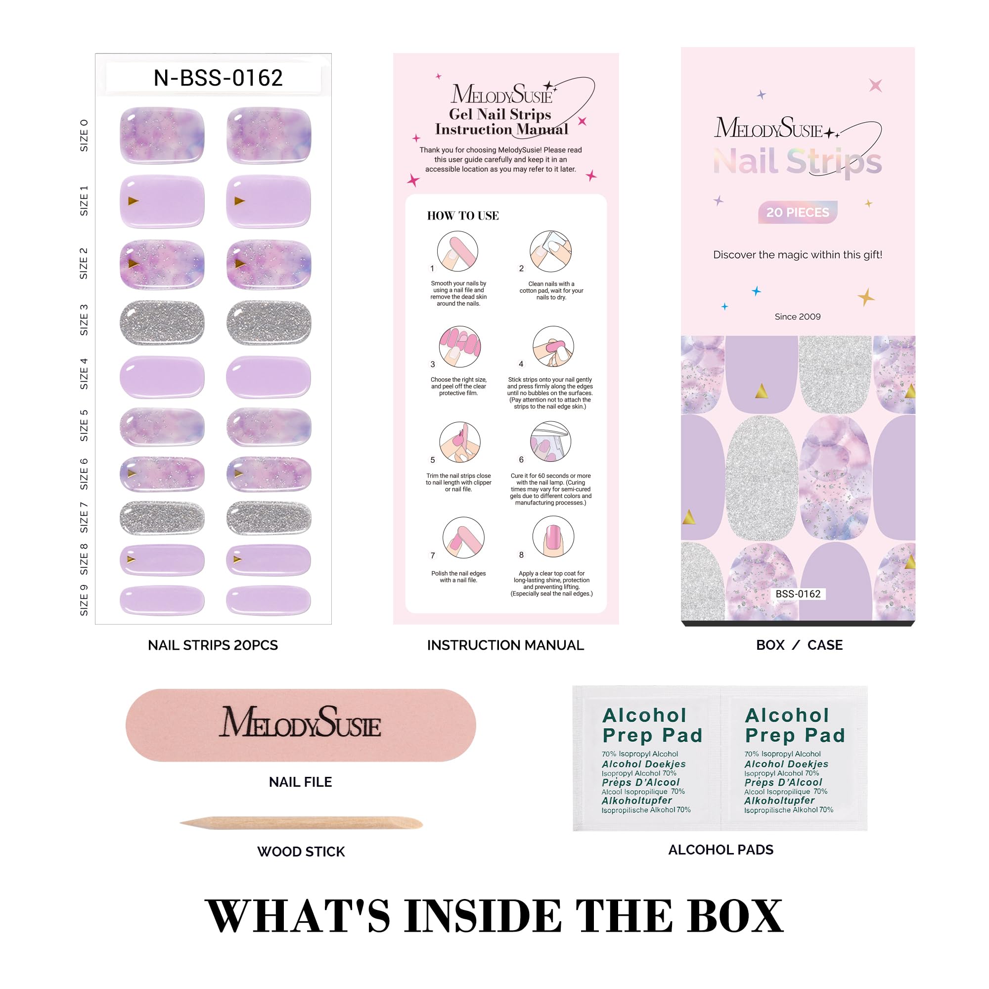 Melodysusie Semi Cured Gel Nail Strips (Dreamy Purple)-20 Pcs Gel Nail Stickers, Silver Glitter Gel Nail Wraps - Uv Light Requir