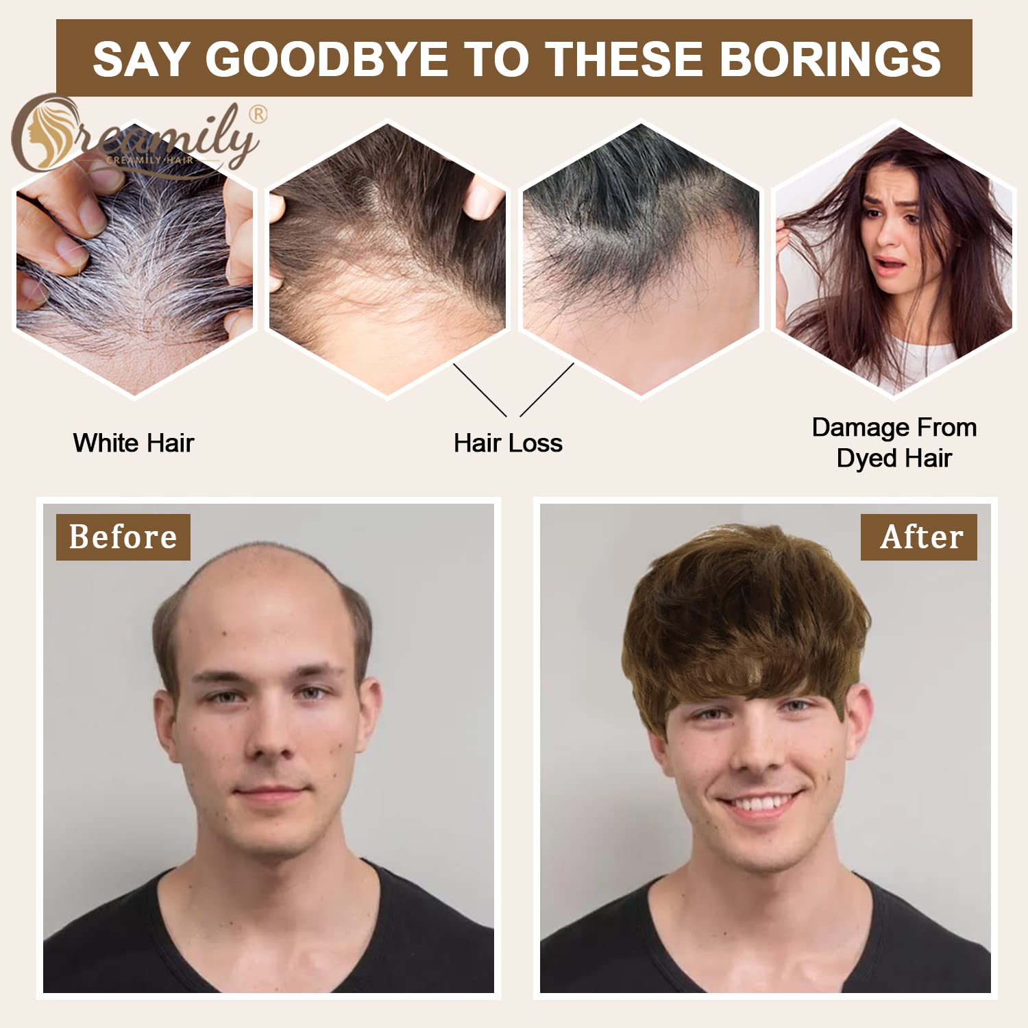 Creamily Short Brown Wig For Mens Wigs Short Hair Replacement Wig Men'S Synthetic Hair Wig Men Realistic Halloween Costumes Part