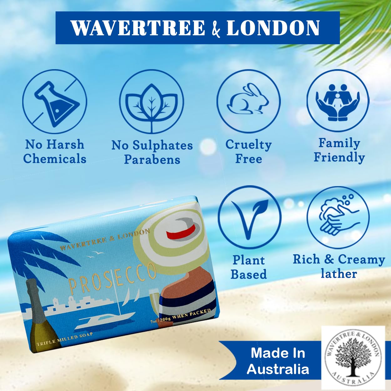 Wavertree & London Prosecco Scented Natural Soap (2 Bars), 7Oz Moisturizing French Triple Milled Soap Bars Enriched With Shea Bu
