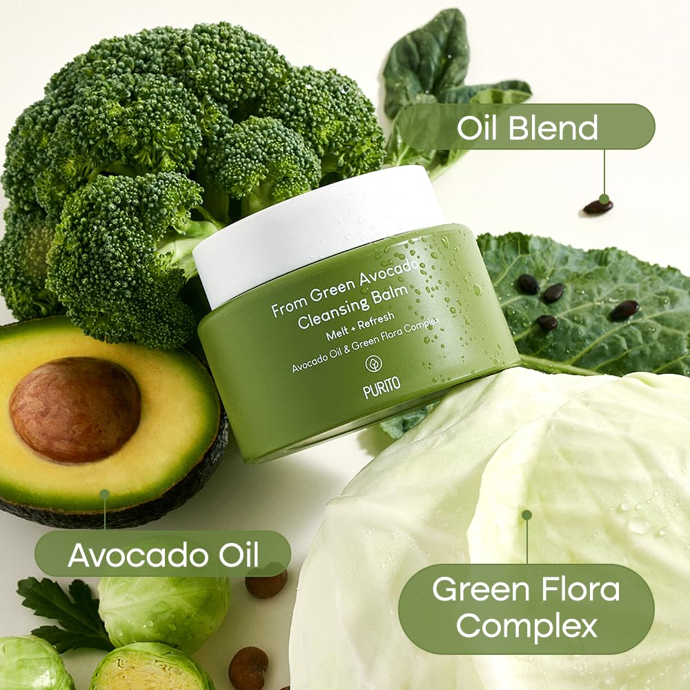 PURITO From Green Avocado Cleansing Balm 100ml / 3.38 fl. oz., Melt-In Moisture with Avocado Oil, Vegan, Cruelty-Free, Suitable