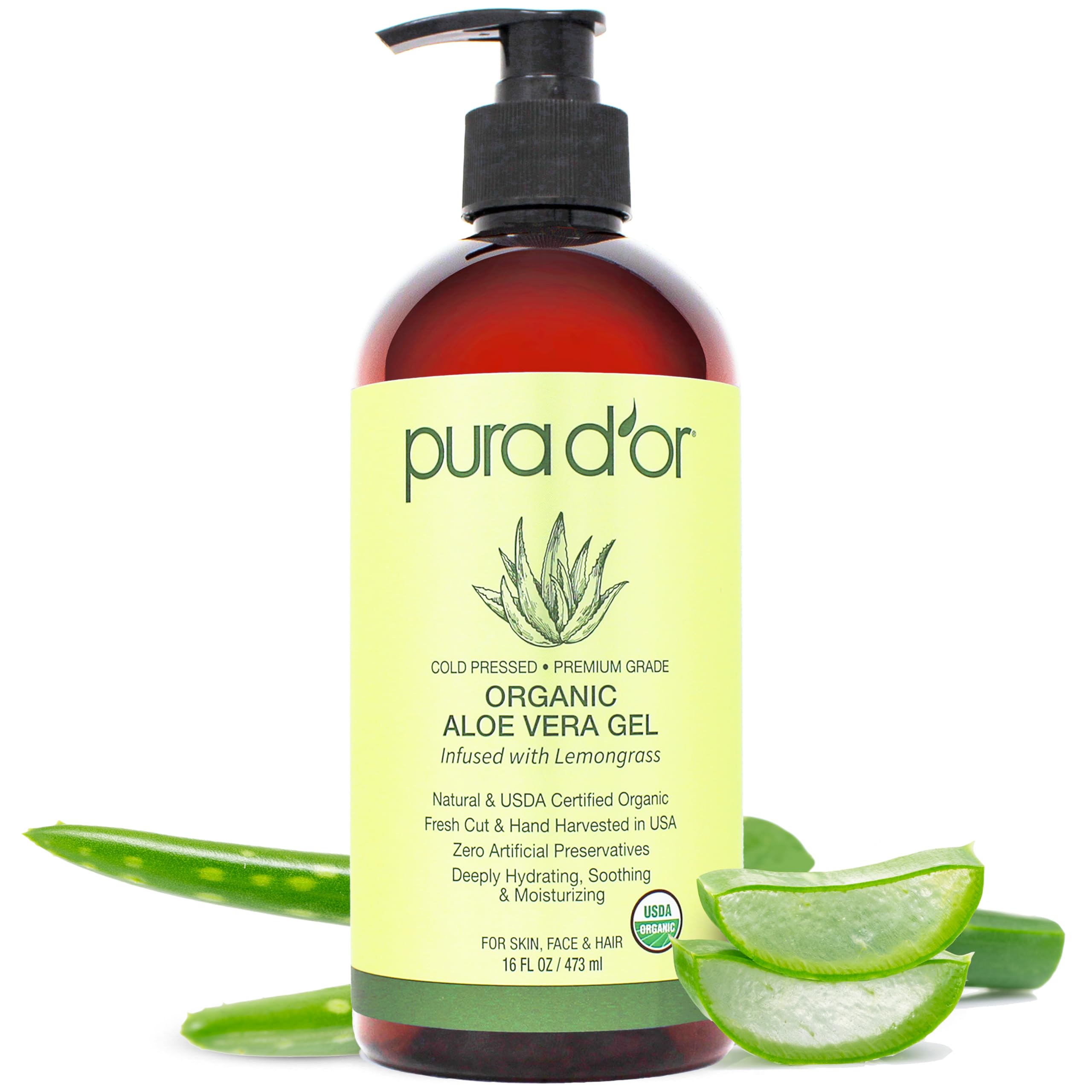 Pura D'Or 16 Oz Organic Aloe Vera Gel - Lemongrass - All Natural - Zero Artificial Preservatives - Deeply Hydrating & Moisturizi