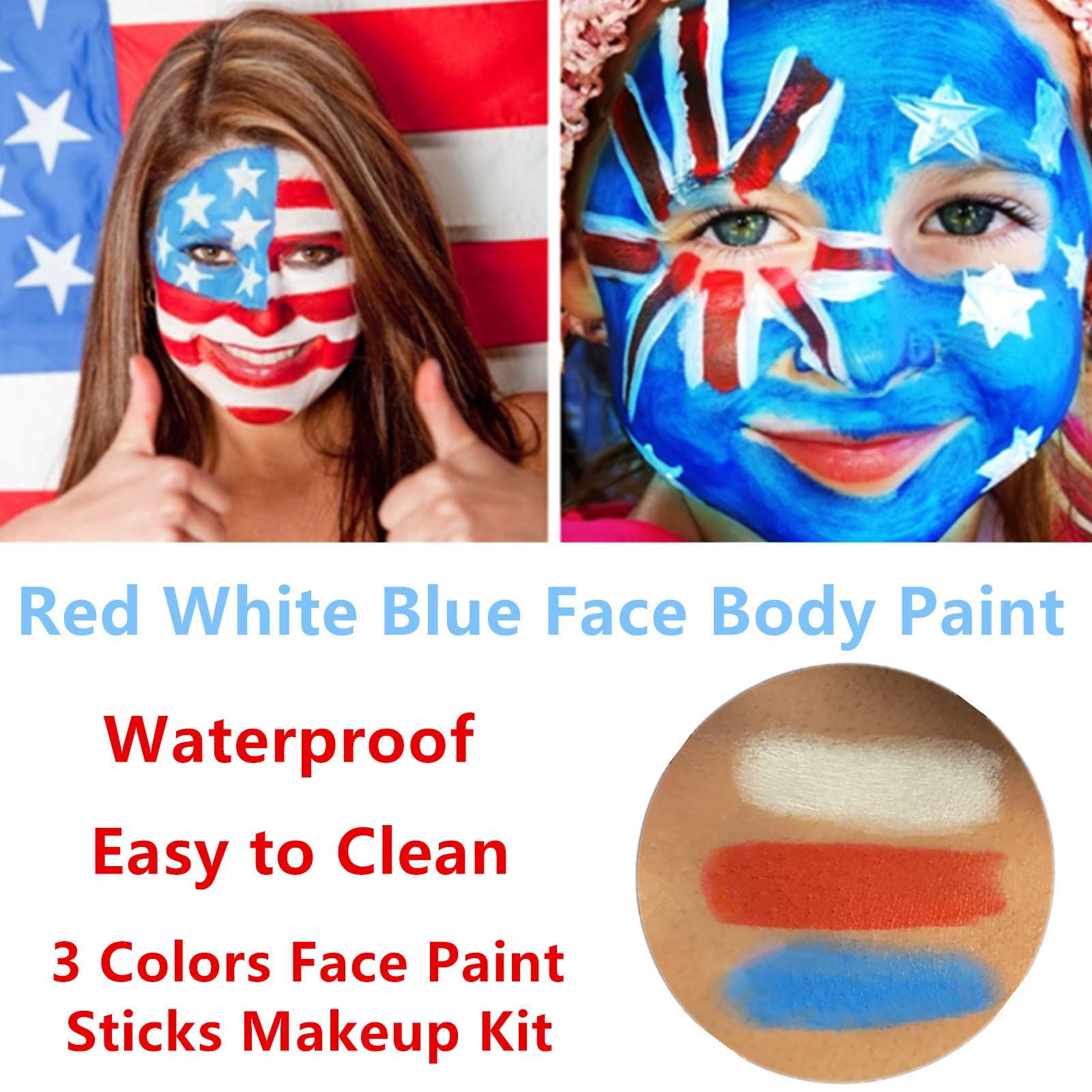 Go Ho 3 Colors Red White And Blue Face Paint Stick-Waterproof Eye Black Stick,Face Body Paint Professional Halloween Sfx,Queen O